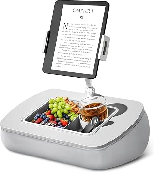 ERGONOV Tablet Stand Pillow with Snack Bowl, iPad Lap Holder for Hands-Free Reading and Relaxation on Bed,Couch,Recliner, 360  Rotating Clip for 4.7-13" Kindle,eBook,Tablet,iPhone Light Gray