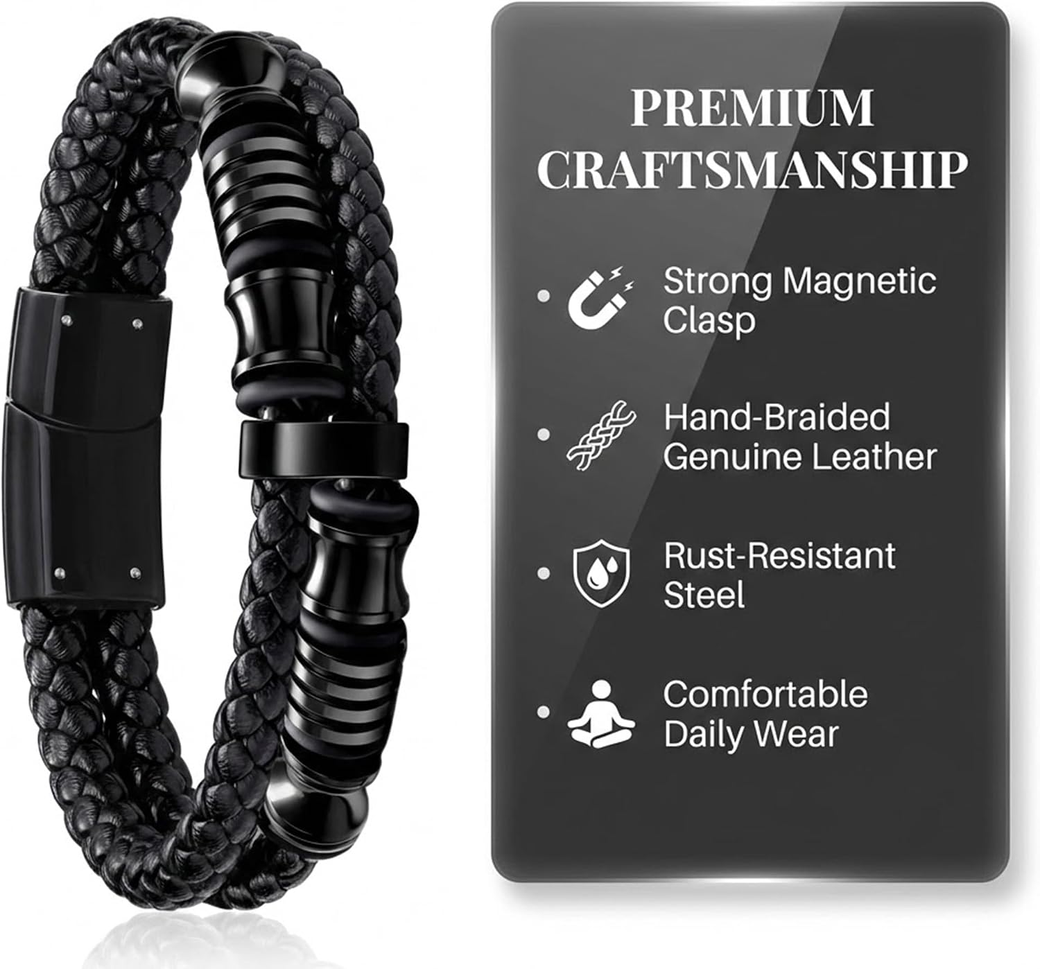 Mens Bracelet Gifts Jewelry for Men Black Braided Leather with Stainless Steel Charm Bracelets,Perfect for Wedding, Parties, and Everyday(7.5/8.5/9 Inch)