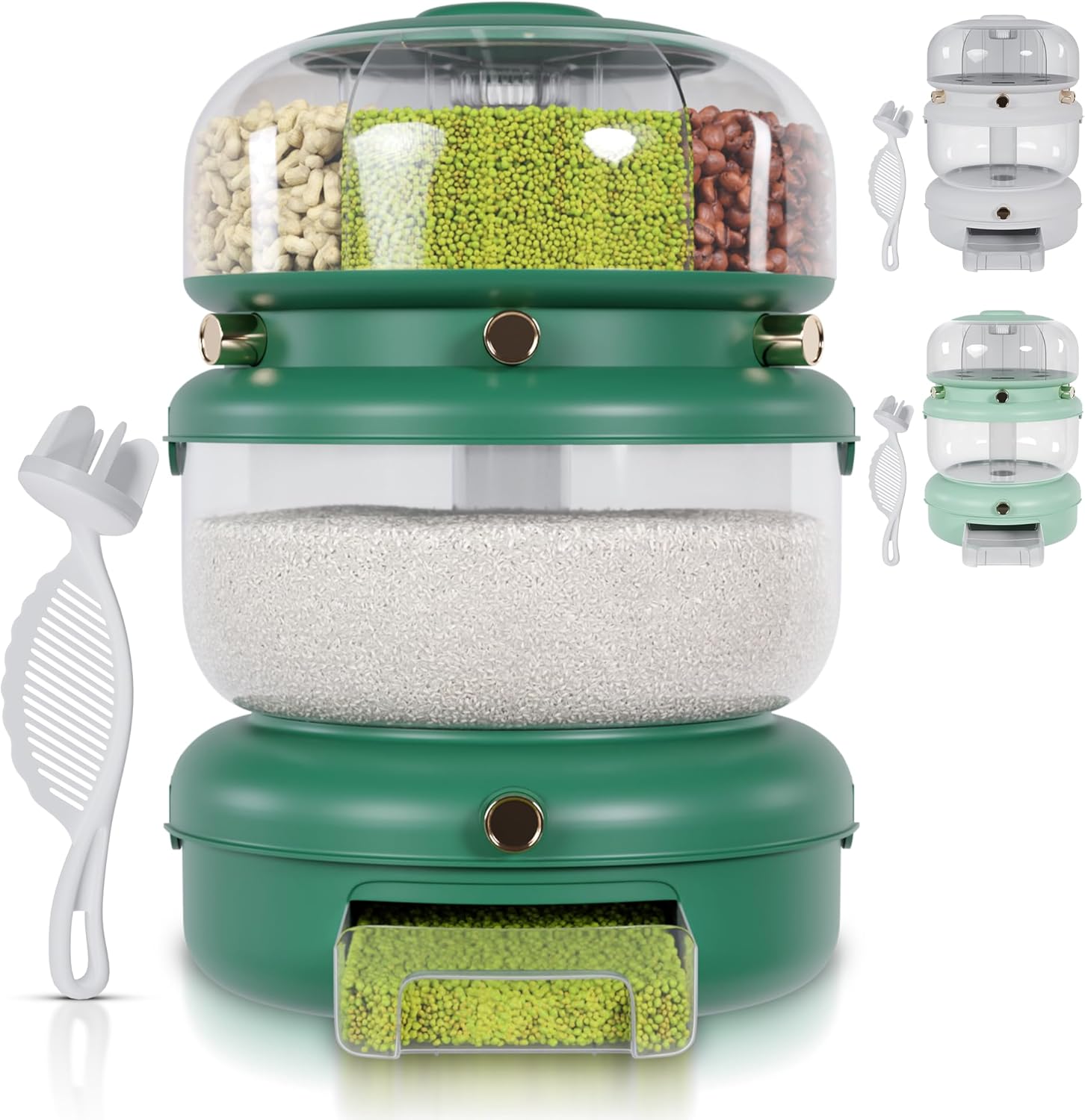 Rice & Multi-Grain Dispenser – Airtight 3-in-1 Rotating Food Storage with Strainer, Holds Up to 22 lbs (12 lb Bulk + 6 Compartments)
