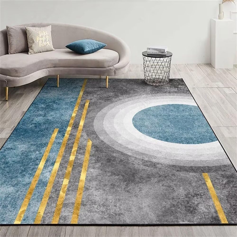 Tapis de salon lavable en machine 160x220cm tapis gris rayé bleu pratique et moderne