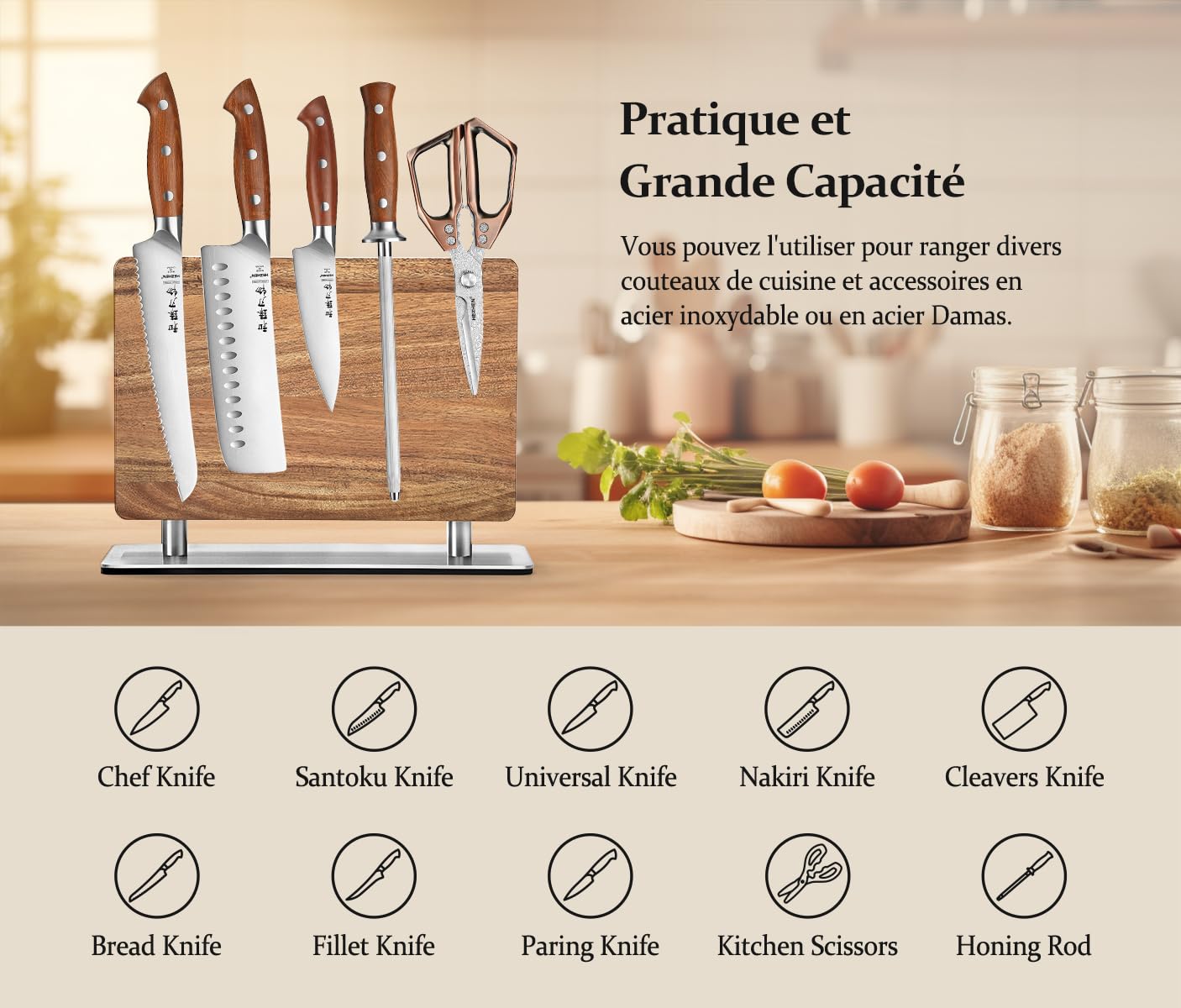 HEZHEN Bloc de Couteaux Magnétique, Porte-couteau en Bois D'Acacia, Aimanté Double Face Support à Couteaux, Outil de Rangement pour les Couteaux