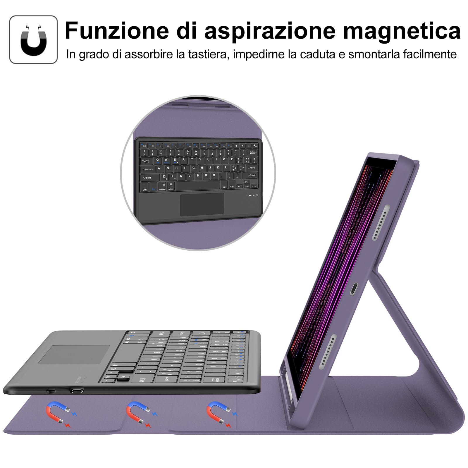 Custodia Con Tastiera Per IPad Pro 12.9" (2018-2022) – Tastiera Bluetooth Italiana Con Trackpad, Magnete, Ricarica USB-C