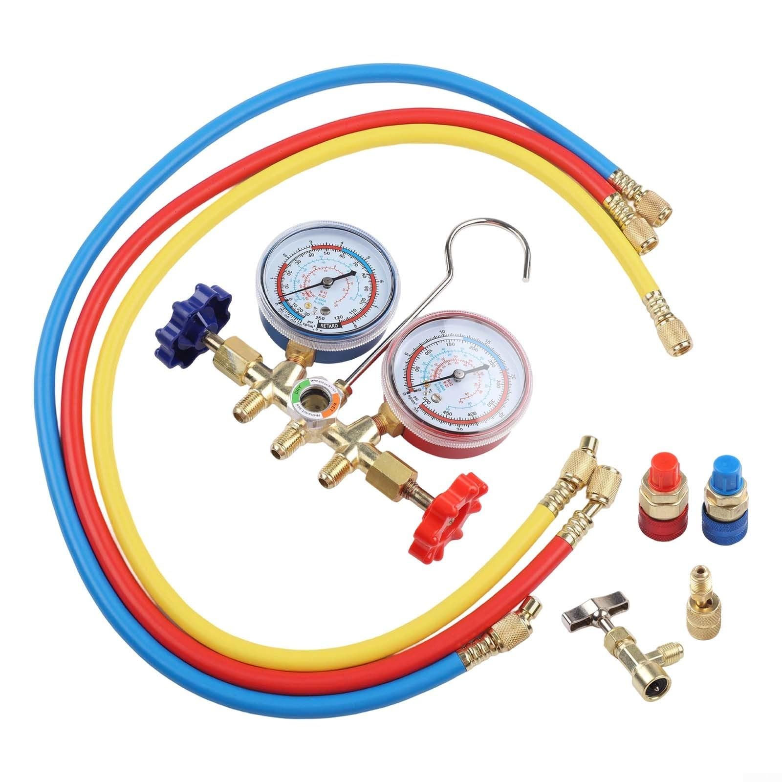 R134A Kit de manómetro de aire acondicionado de coche, manómetro con válvula doble, juego de herramientas de llenado de recarga de CA (A)