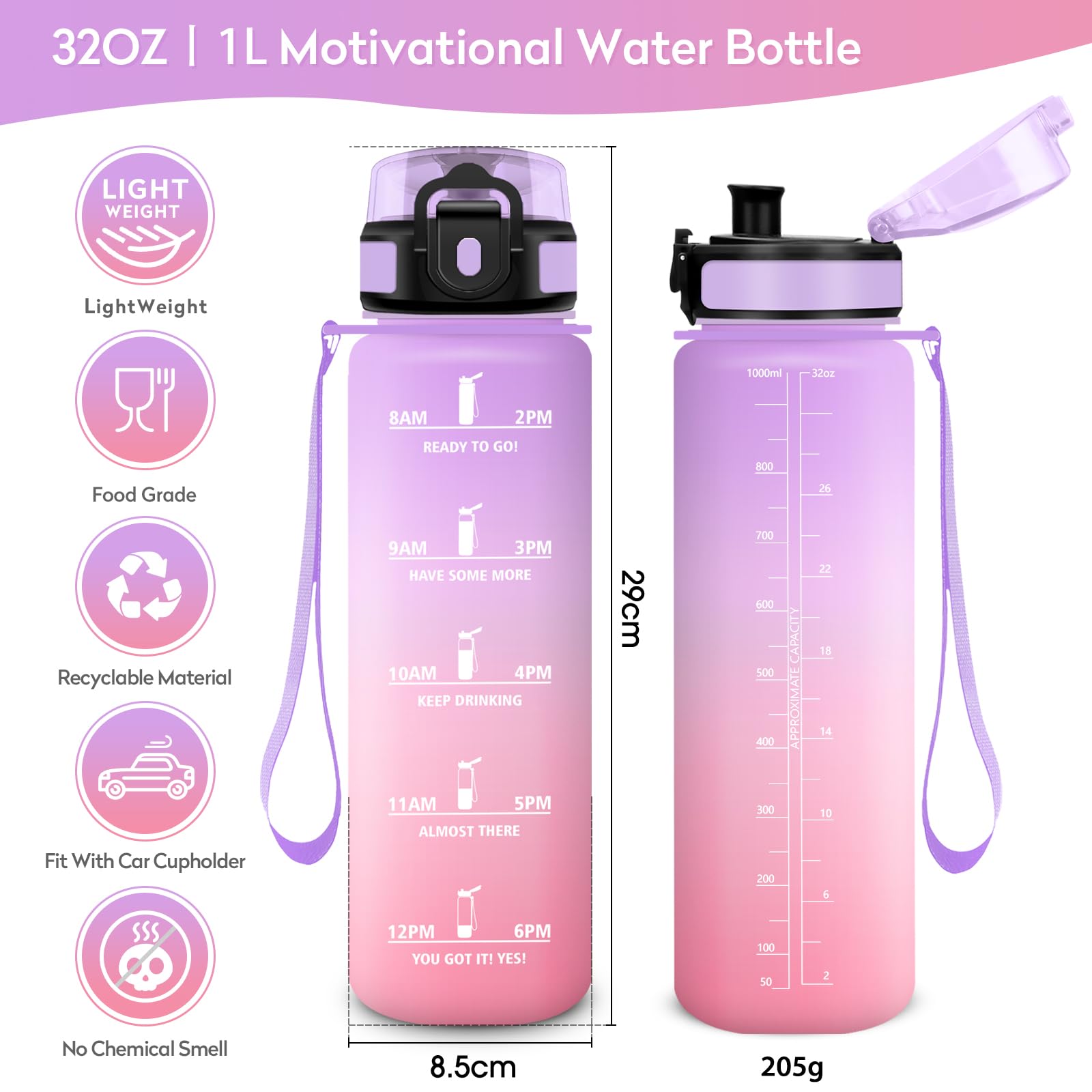 KollyKolla Borraccia 1L, Riutilizzabile, Bottiglia con Filtro, Borraccia con Indicatore del Tempo Motivazionale senza BPA, A Prova di Perdite, ideale per Adulti, Bambini, Scuola, Ufficio