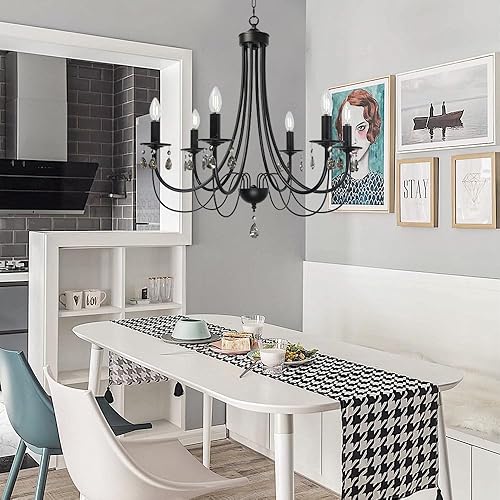 Miniatura 5 de Candelabros negros para comedor con 6 luces colgantes modernas con cristal marrón, elegantes accesorios de iluminación de techo ajustables en altura