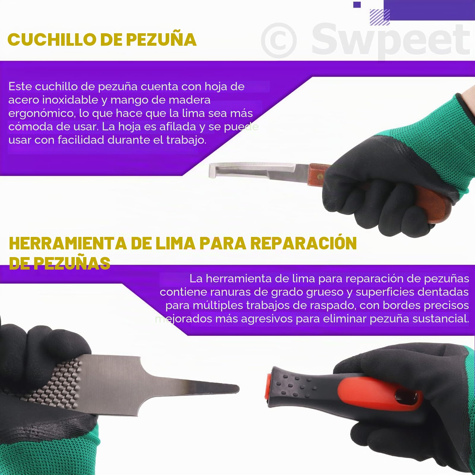 Swpeet 8 piezas de herramientas de herrador profesional con paquete de rollo, herramientas de tijeras de recortador de pezuña, cortador de pezuña, cepillo de herradura, cuchillo de pezuña