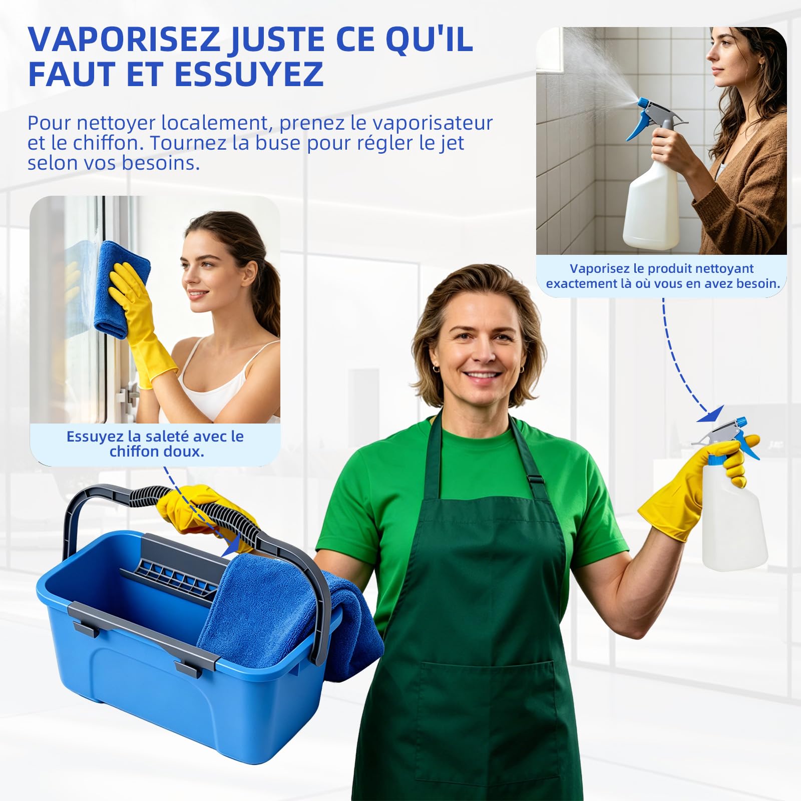 Kit de Nettoyage de Vitres, Inclure Seau 12L, Raclette Silicone, Brosse Microfibre, 200cm Télescopique Manche, Vaporisateur, Chiffon, pour Salle de Bain, Douche, Voiture, Miroir, Fenêtre