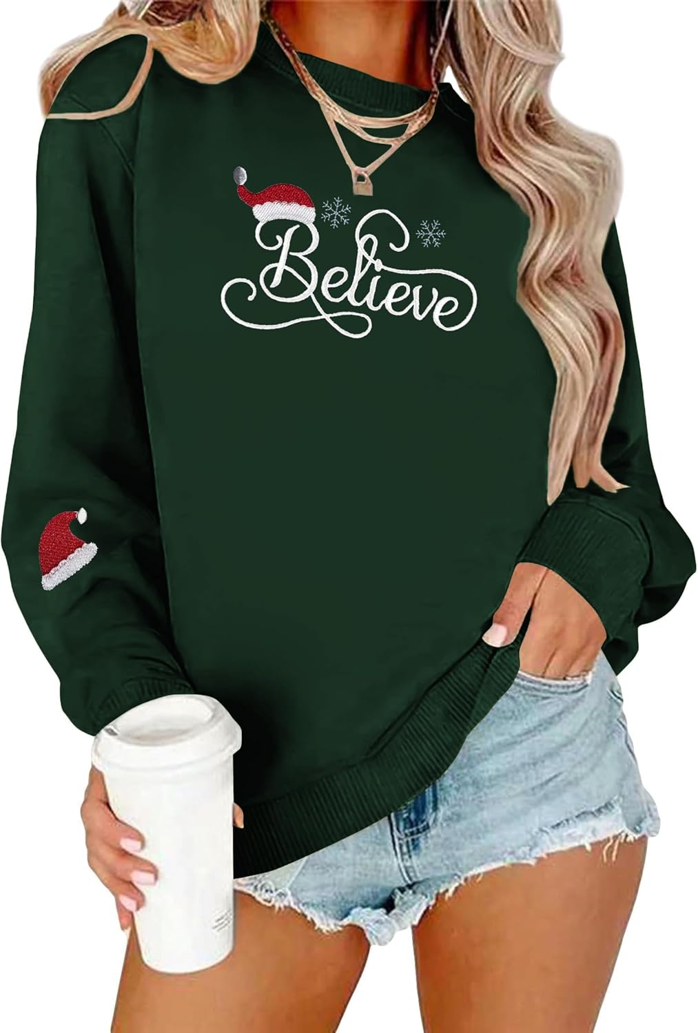 Christmas Sweatshirts for Women Believe Embroidered Cute Christmas Hat Xmas Holiday Party Pullover Blouse