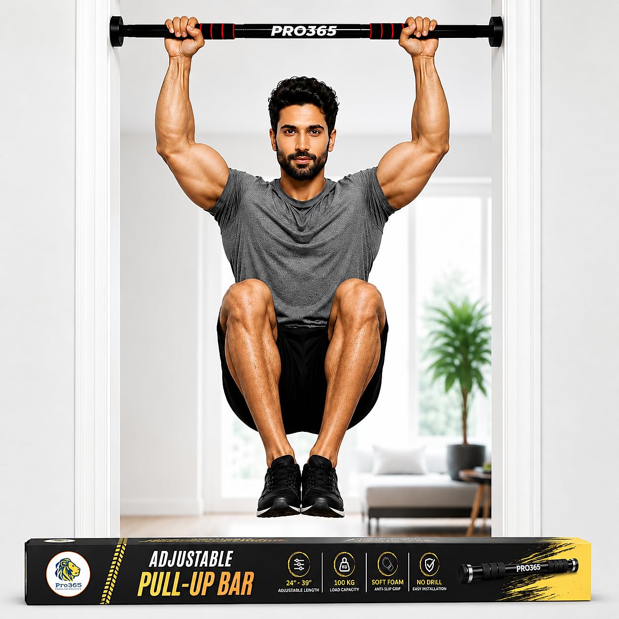 PRO365 Adjustable Door Pull Up Bar for Home Workout | Wall Mounted Chin-Up Bar with Non-Slip Foam Grips | Heavy Duty Steel Body | Fits Doorways 60–100 cm | Max Load Capacity 100 KG | Home Gym Fitness Equipment | 1 Year Warranty-picture-31