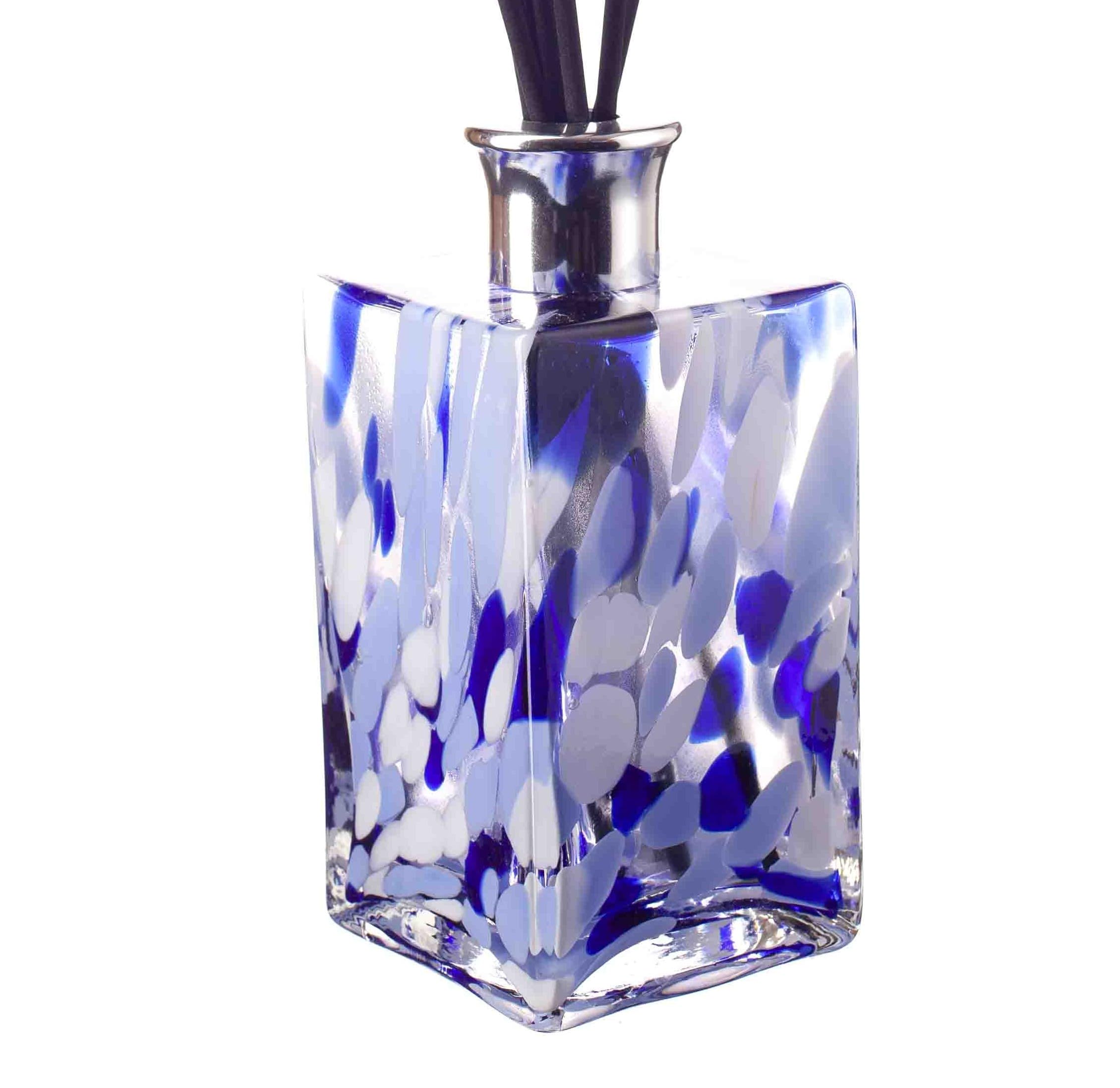 Mouth Blown Glass Reed Diffuser, Rectangle Shape, Large, 16cm Height x 7.5cm Width Clear, Blue & White