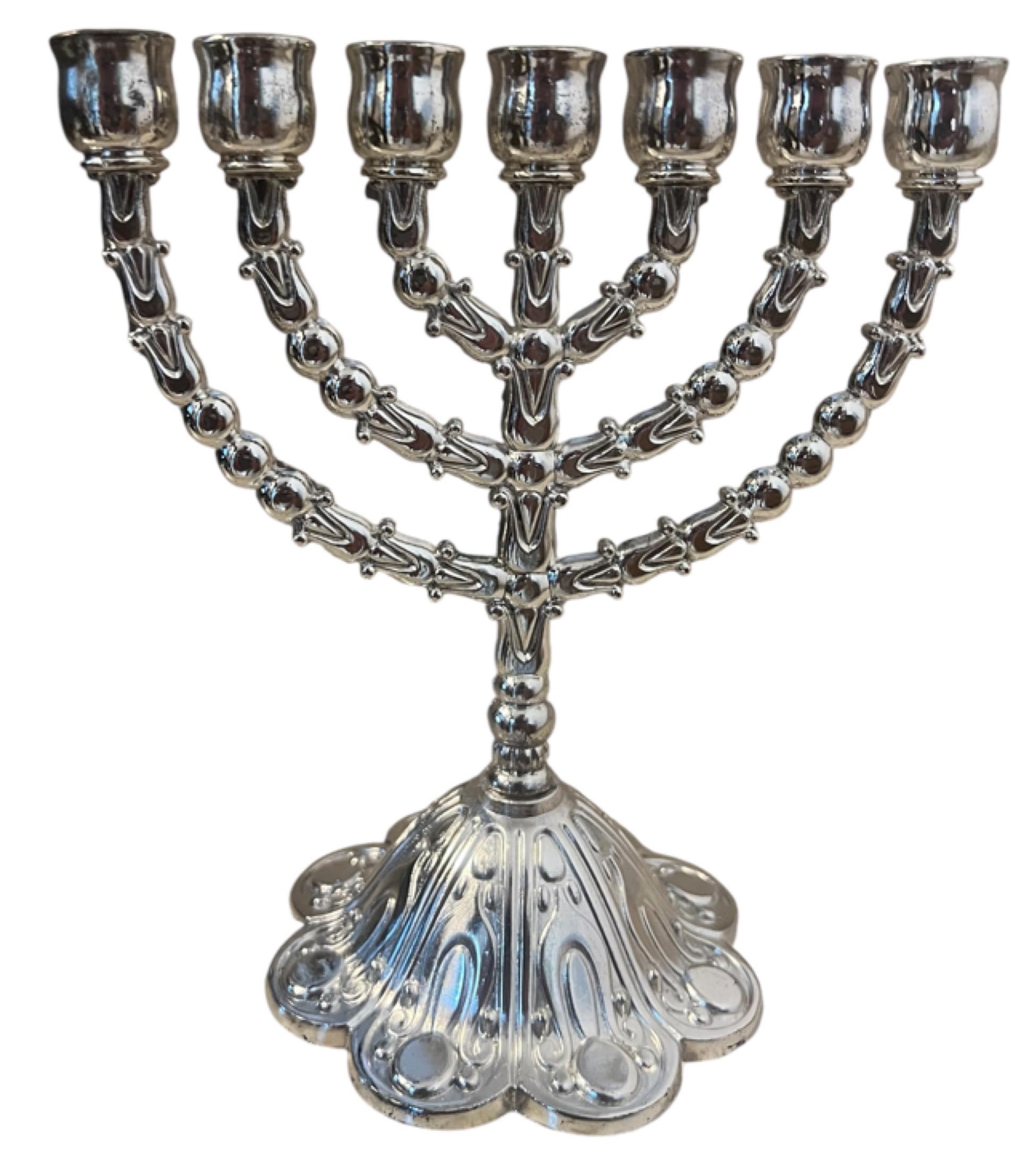 LION OF JUDAH MARKET Flower Base Jerusalem Menorah 7" (Silver)