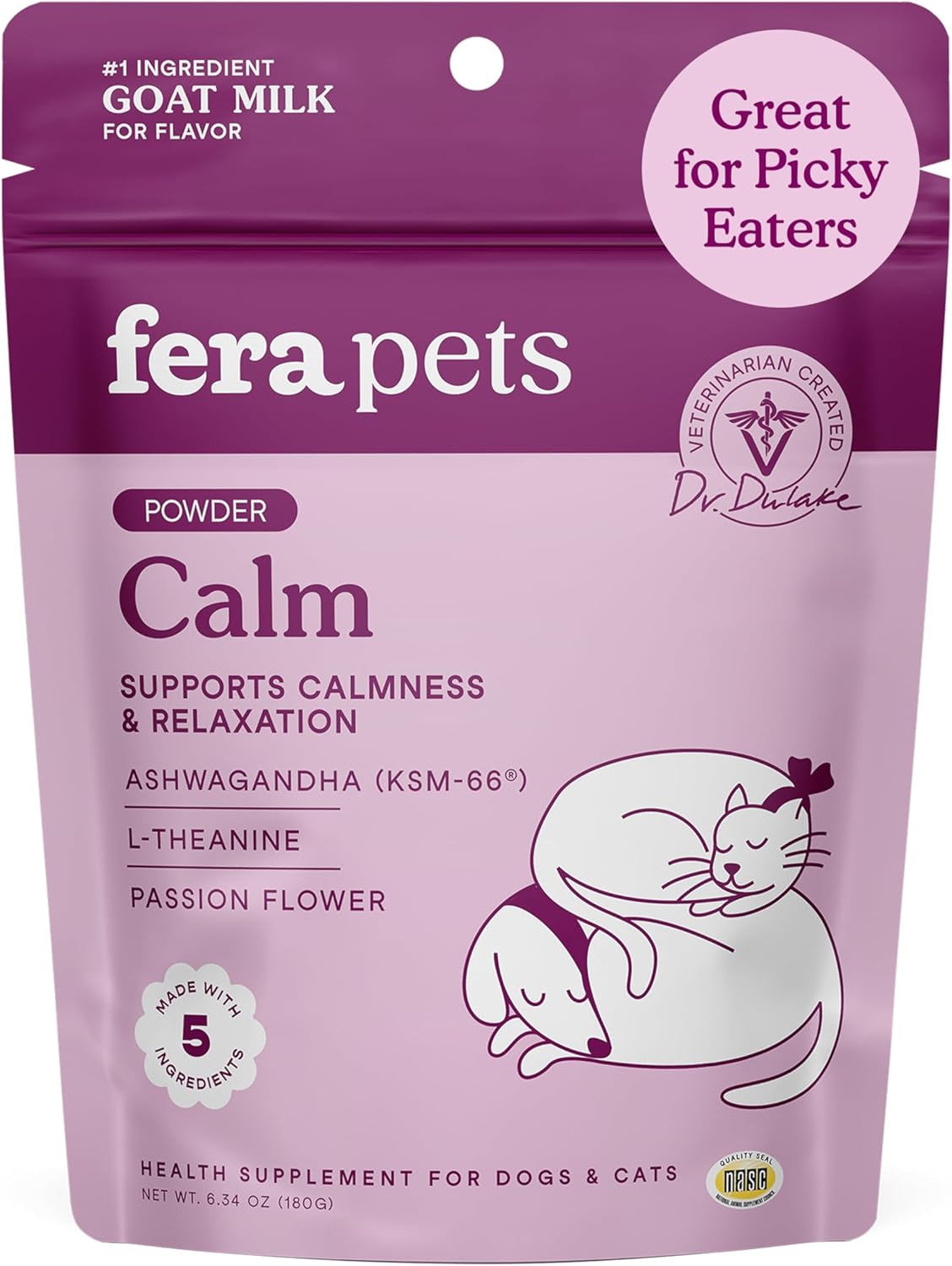 Fera Pets Goat Milk - Calming Supplement for Dogs & Cats - Ashwagandha, L-Theanine, & Passion Flower - Supports Anxiety Relief & Relaxation - for Picky Eaters - 60 TSP