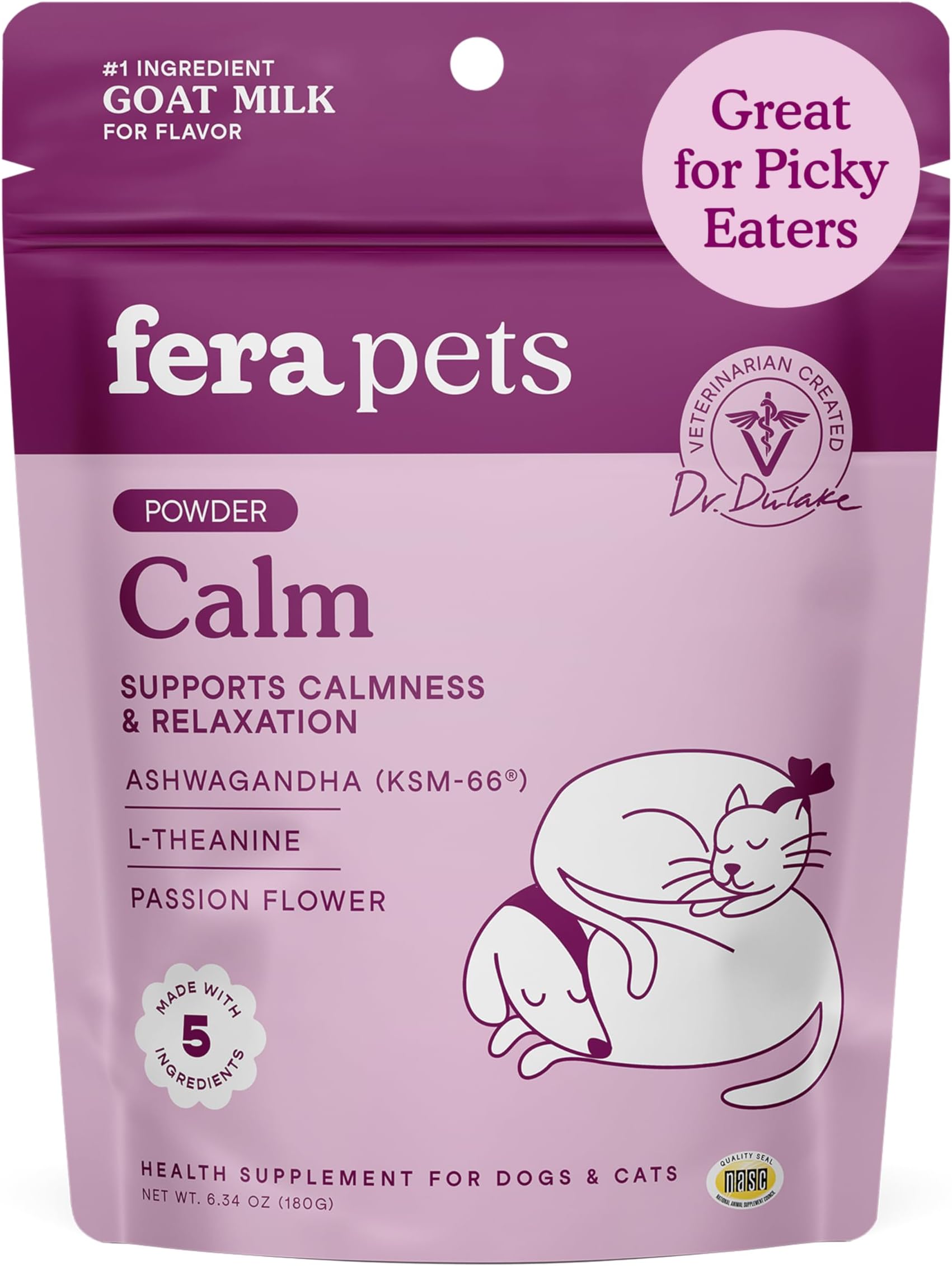 Goat Milk - Calming Supplement for Dogs & Cats - Ashwagandha, L-Theanine, & Passion Flower - Supports Anxiety Relief & Relaxation - for Picky Eaters - 60 TSP