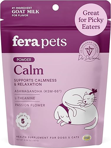 Fera Pets Leche de Cabra - Suplemento Calmante para Perros y Gatos - Ashwagandha, L-Teanina y Flor de la Pasión - Apoya el Alivio de la Ansiedad y