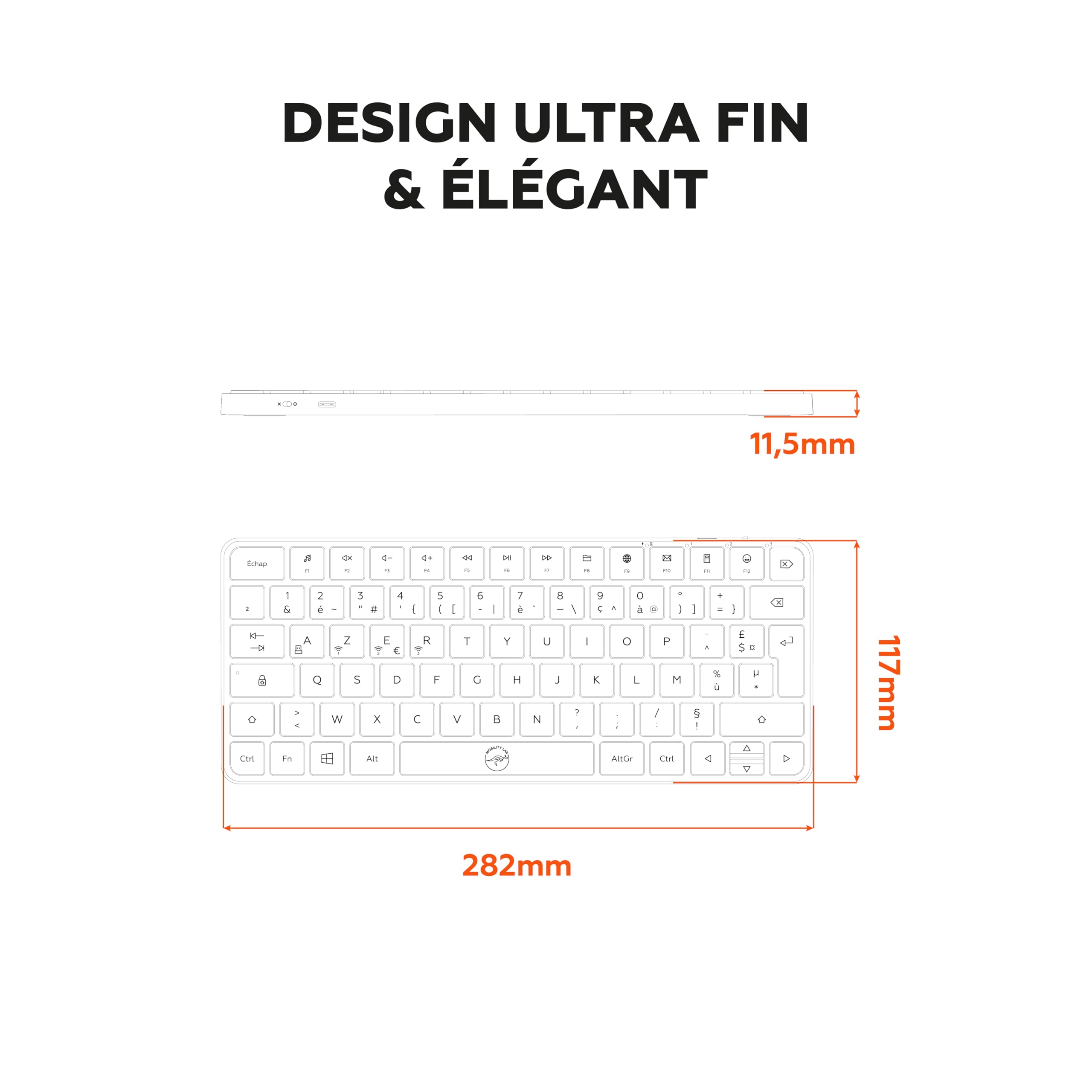Mobility Lab – KMP2000W Mini – Tastiera Mac Mini Wireless Multi-Connessioni – AZERTY, ricevitore USB 2.4 Ghz + 3 Bluetooth, 12 scorciatoie multimediali, ricarica rapida tramite USB-C – Mac