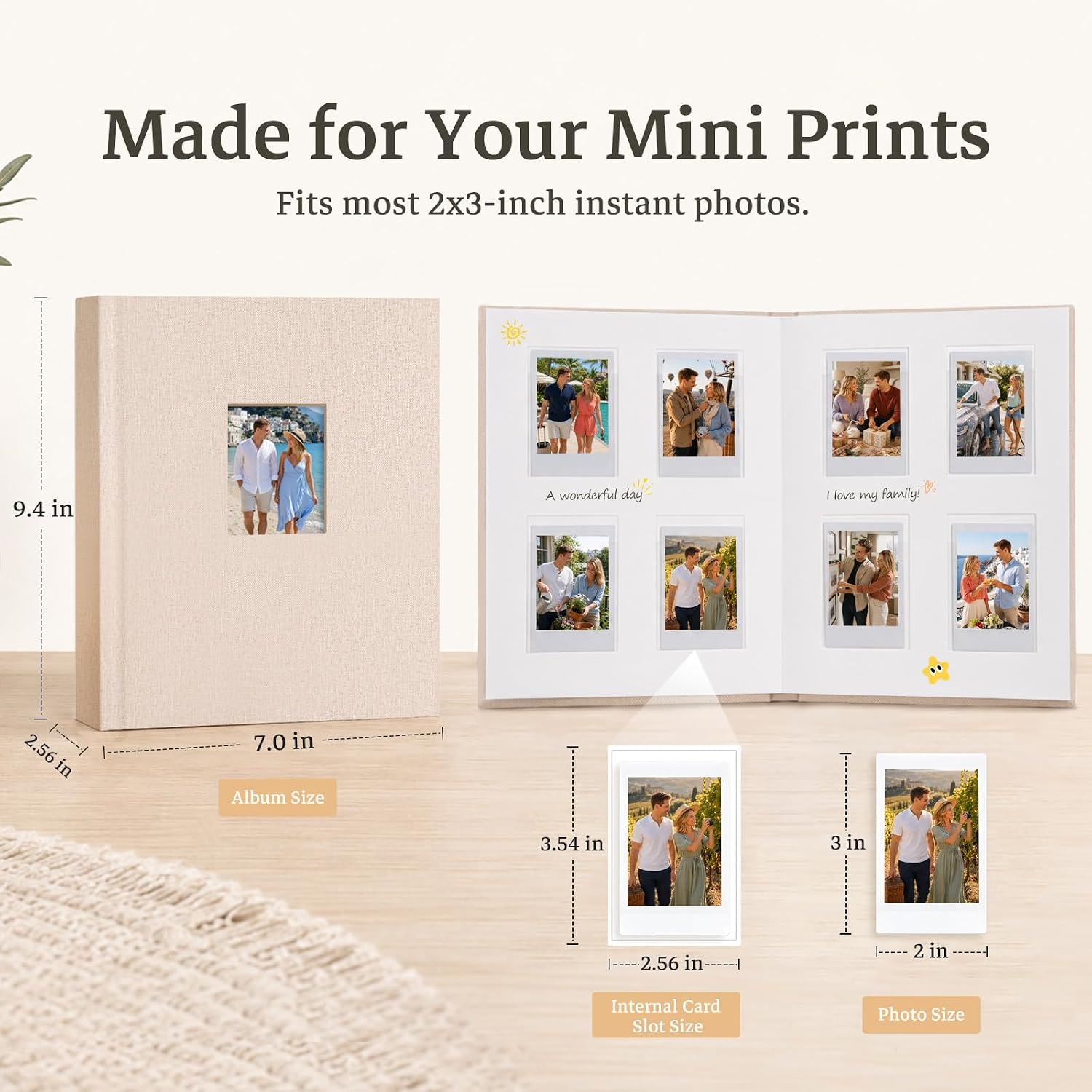 Veicevol 128 Pockets Photo Album for Instax Mini & Polaroid 2x3 inch, Beige