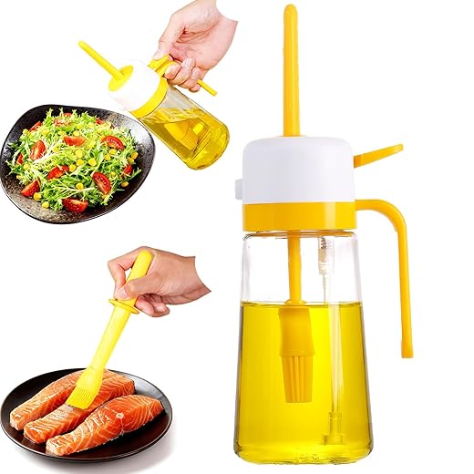 16oz/470ml Glass Olive Oil Sprayer for Cooking – 2 in 1 Canola Oil Spray Bottle for Kitchen, Wide-opening Spray Bottle with Silicone Basting Brush, Kitchen Gadgets for Air Fryer, Salad, BBQ