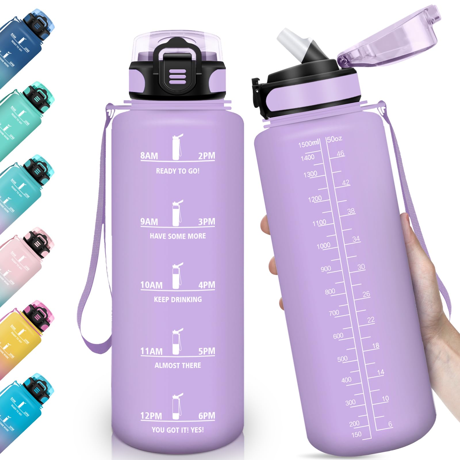 HoneyHolly Trinkflasche Sport 1.5L mit Strohhalm, Auslaufsicher, Wasserflasche, mit Zeitmarkierung, Trinkflasche Kohlensäure Geeignet für Outdoor, Radfahren, Fitness, Yoga