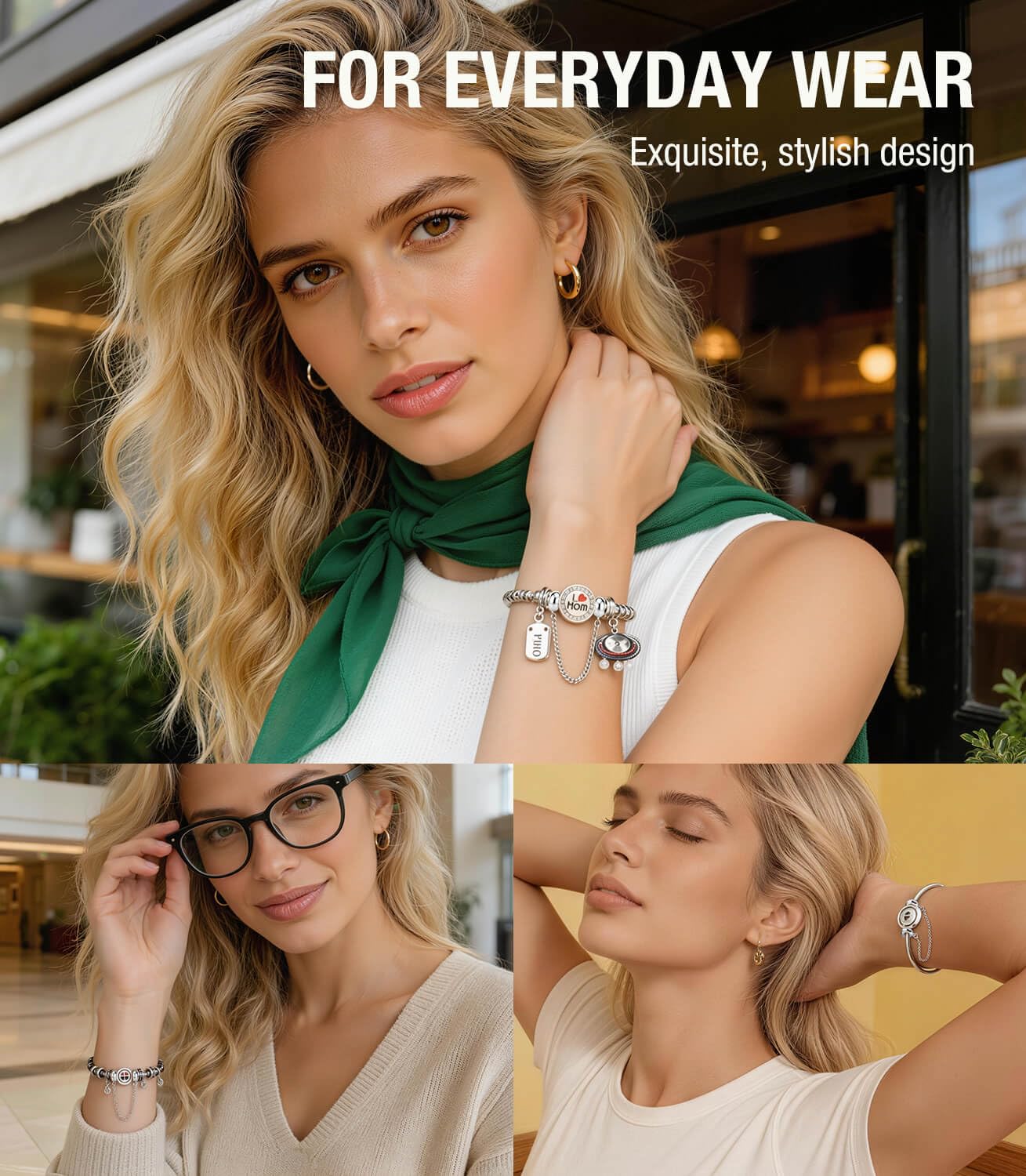LOVANS Sicherheitskette Charms Stopper für Armband, 925 Sterling Silber Hypoallergen Charm Anhänger Clip Verschluss mit Silikon, Rutschfester Trenner für Damen Armbänder (Gold/Silber/Roségold)