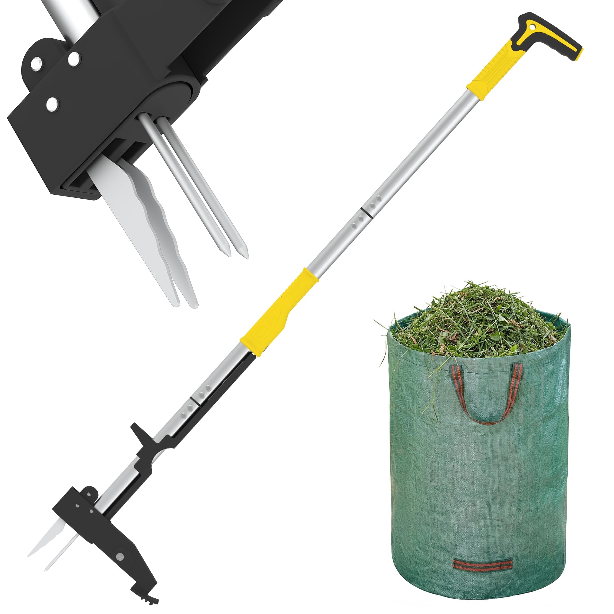 Tiemlet Professional Weed Puller Tool with 4 Stainless Claws,105cm Ergonomic Yellow Handle Garden Weeder, Weed Puller for Tough Weeds, Dandelions & Thistles (Gardening Tool)