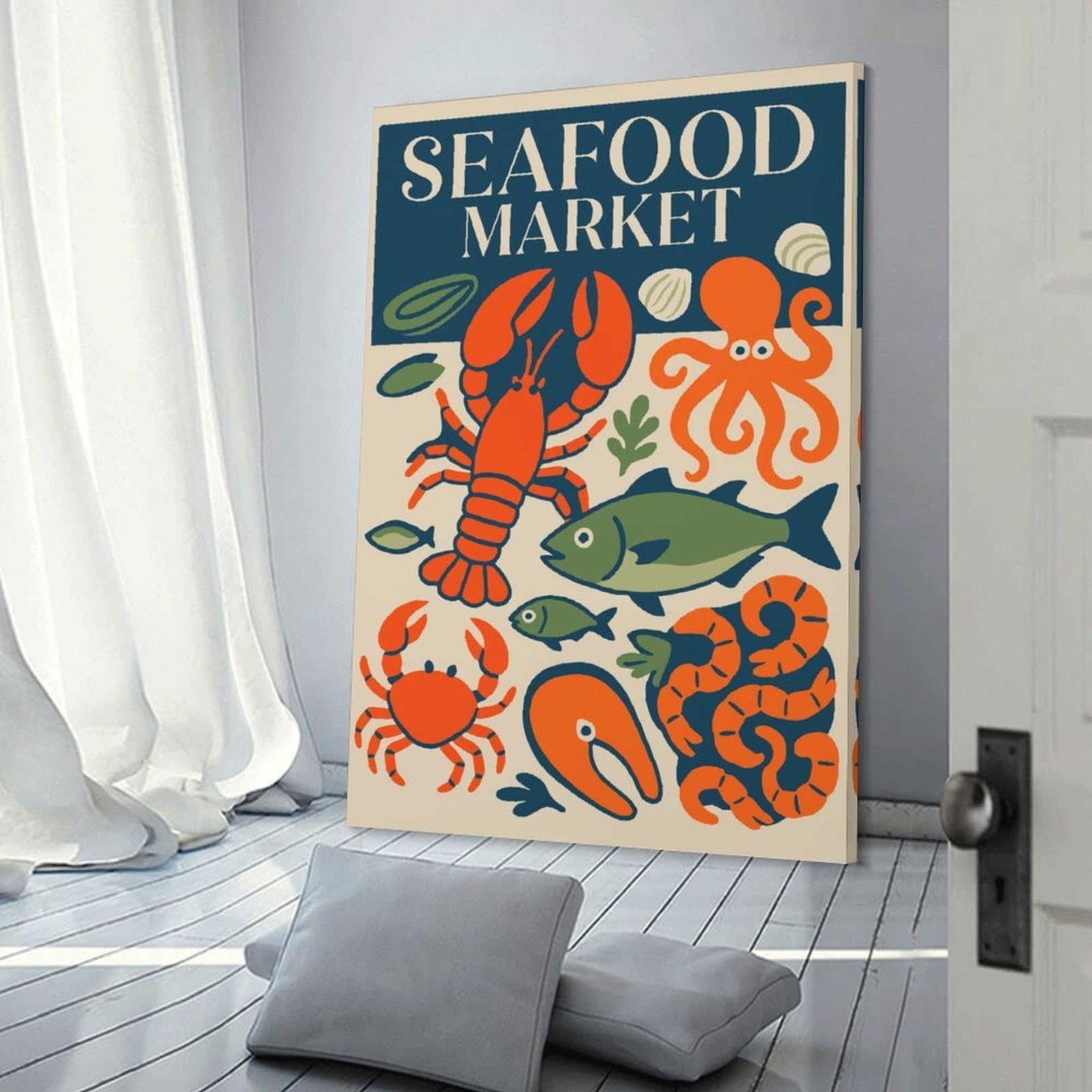 Junmoney Canvas Wall Decor Seafood Market Illustration, 20x30inch(50x75cm), for Flats, Guest Rooms Or Compact Rooms, A Simple Refresh for Blank Walls