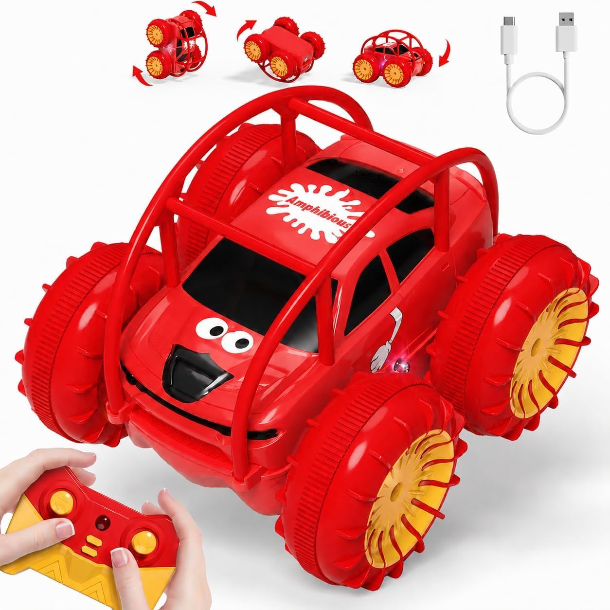 zingzoom Direct Charging Remote Control Cars, 2.4Ghz Amphibious 360° Flip Rc Stunt Car, All Terrain 4WD Child's Toy Vehicle with LED Light, Car Games Age 3-12 Boys Girls Kids Birthday Gifts Presents