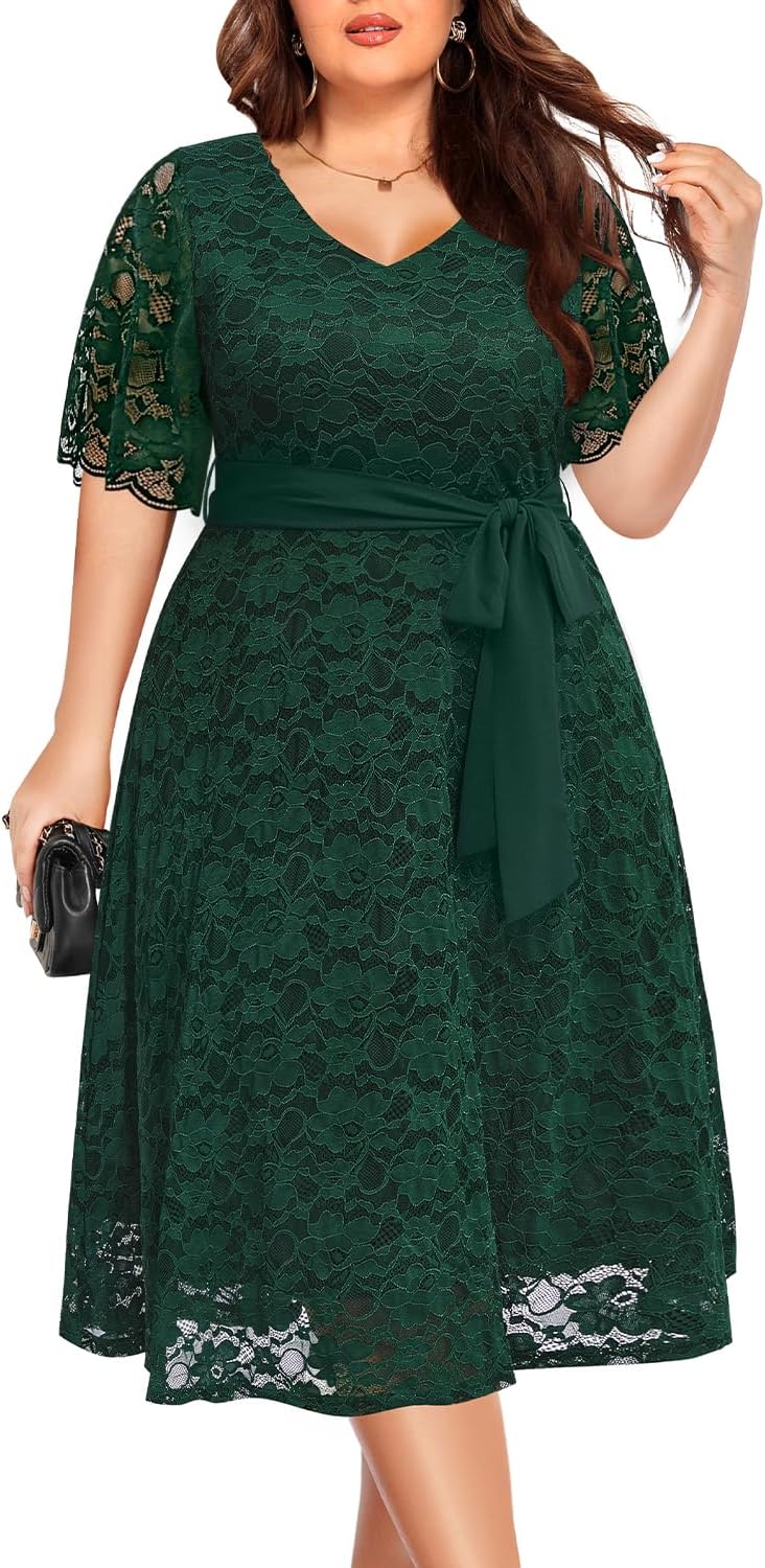 Women Plus Size Lace Bridal Shower Wedding Guest Cocktail Semi Formal V Neck Short Sleeve Midi Dresses