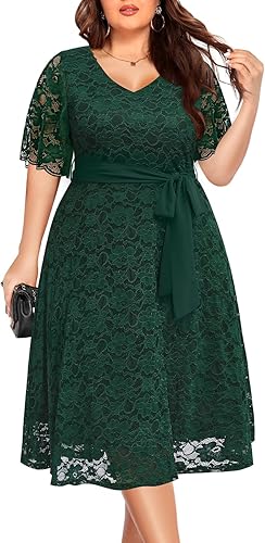 Vestido midi de manga corta con encaje para mujer, talla grande, para despedida de soltera, invitada de boda, cóctel, semiformal, cuello en V