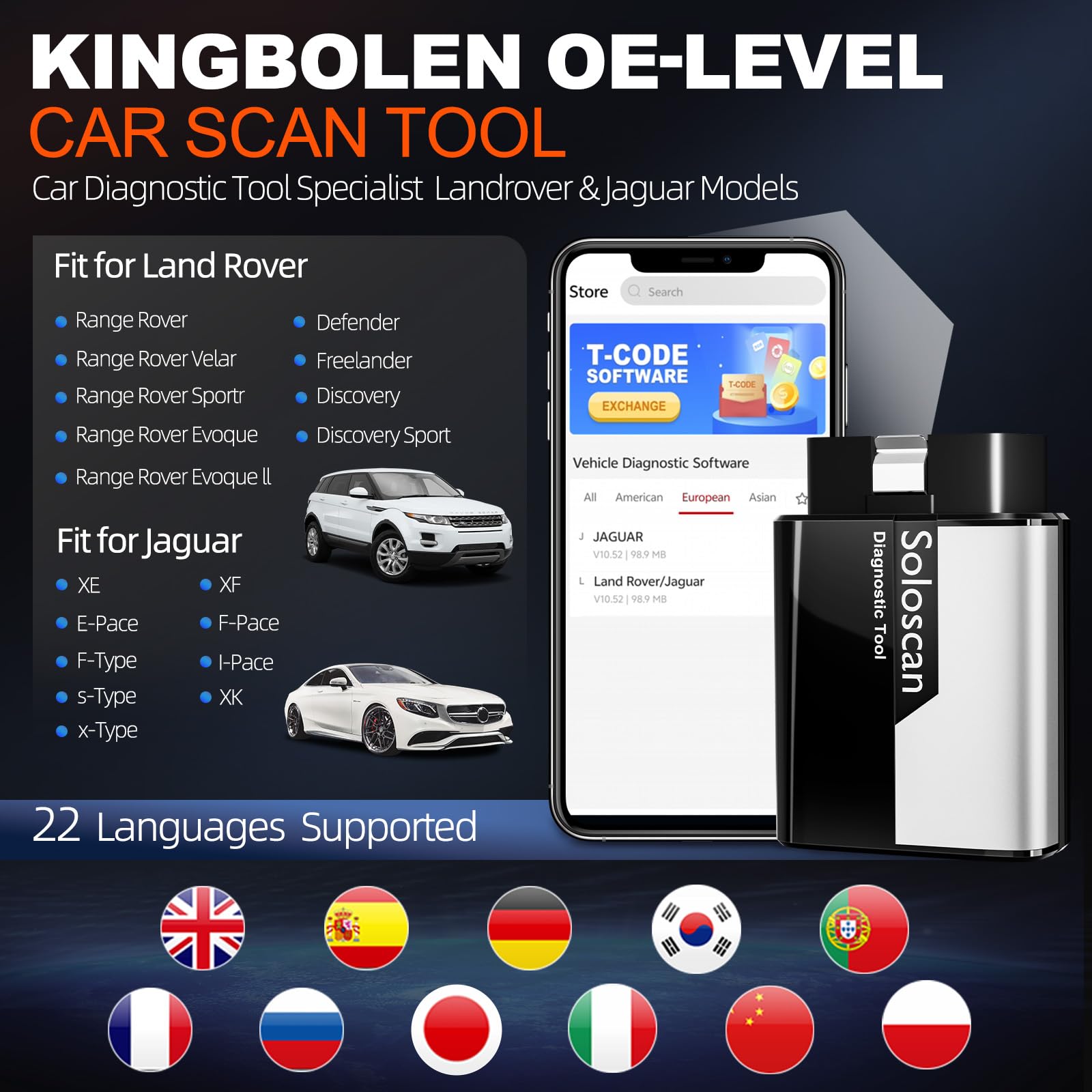 KINGBOLEN Soloscan diagnostyka OBD2 dla Land Rover/Jaguar, diagnostyka samochodowa Bluetooth, diagnostyka wszystkich systemów, 50+ resetów, kodowanie ECU, bezpłatne aktualizacje