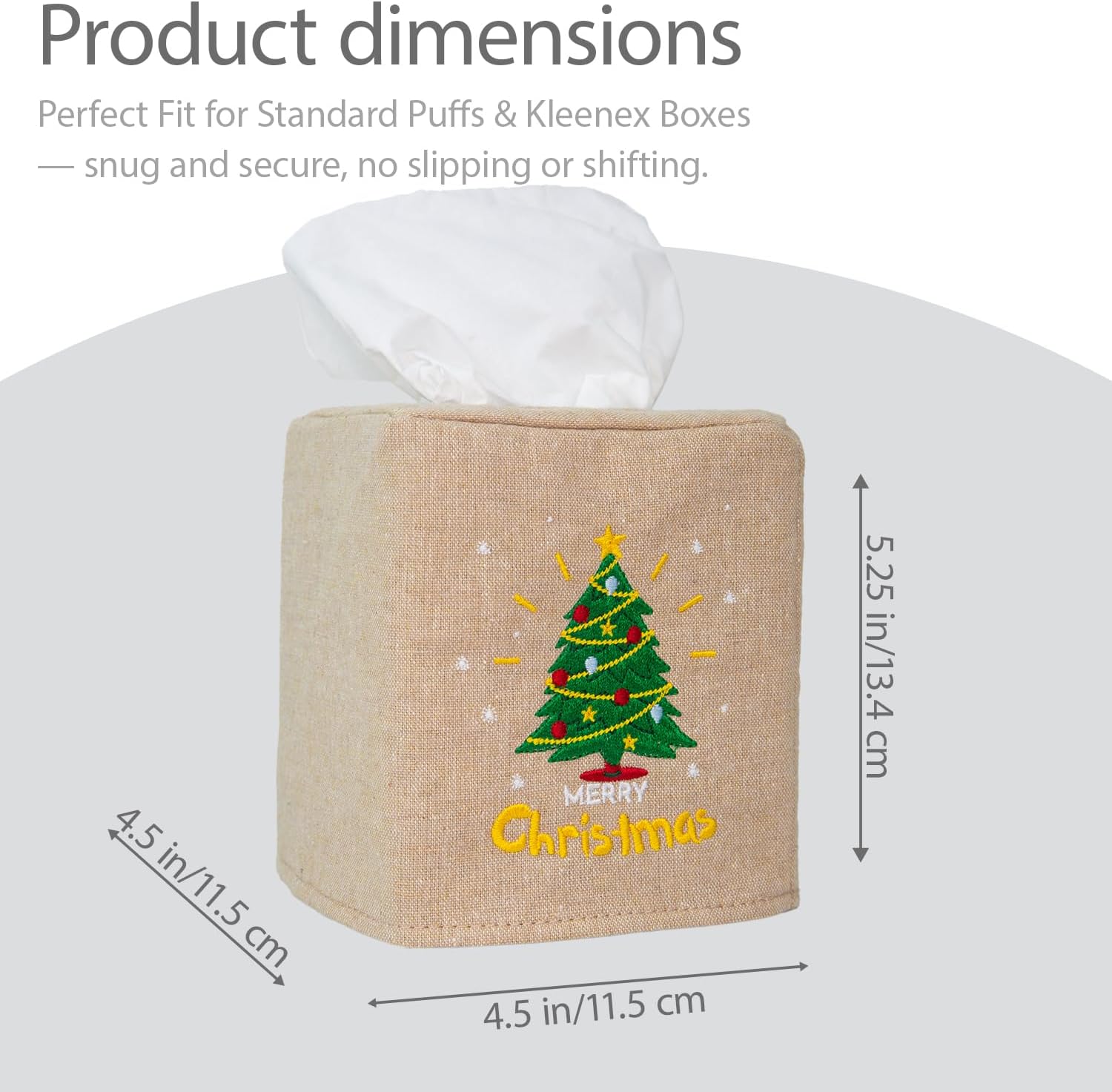 Christmas Tissue Box Cover – Linen Fabric Square Tissue Holder for Holiday Bathroom or Living Room Decor – Xmas Tissue Box Topper for Home or Office – Fun (Christmas Tree) image 2