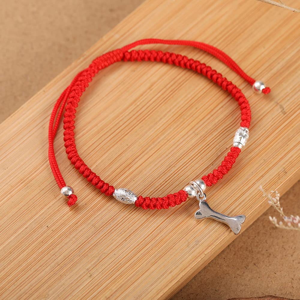 Bracciale rigido in argento for donna, bracciale intrecciato in corda rossa con ciondolo in argento S925 con perline in osso Braccialetti dell'amicizia regolabili Simpatici gioielli fortunat