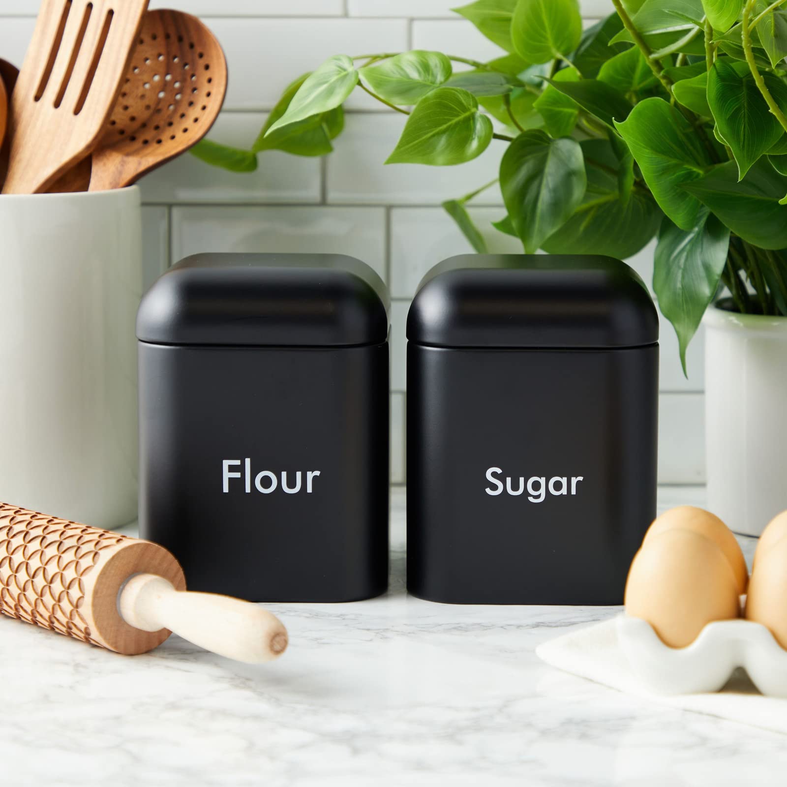 Juvale 2Piece Black Flour and Sugar Containers for Countertop Storage