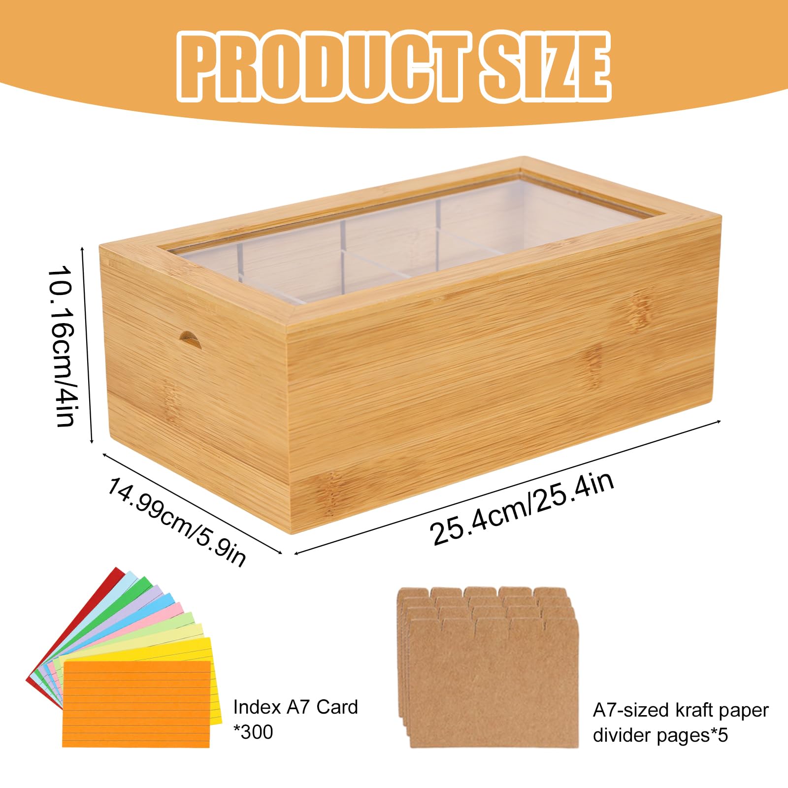 BAIFULAI Cajas de madera para tarjetas A7, 25,4 x 15 x 10 cm, con tapa, con 300 tarjetas de aprendizaje, fichas de vocabulario, caja de madera para oficina, escuelas y hogares