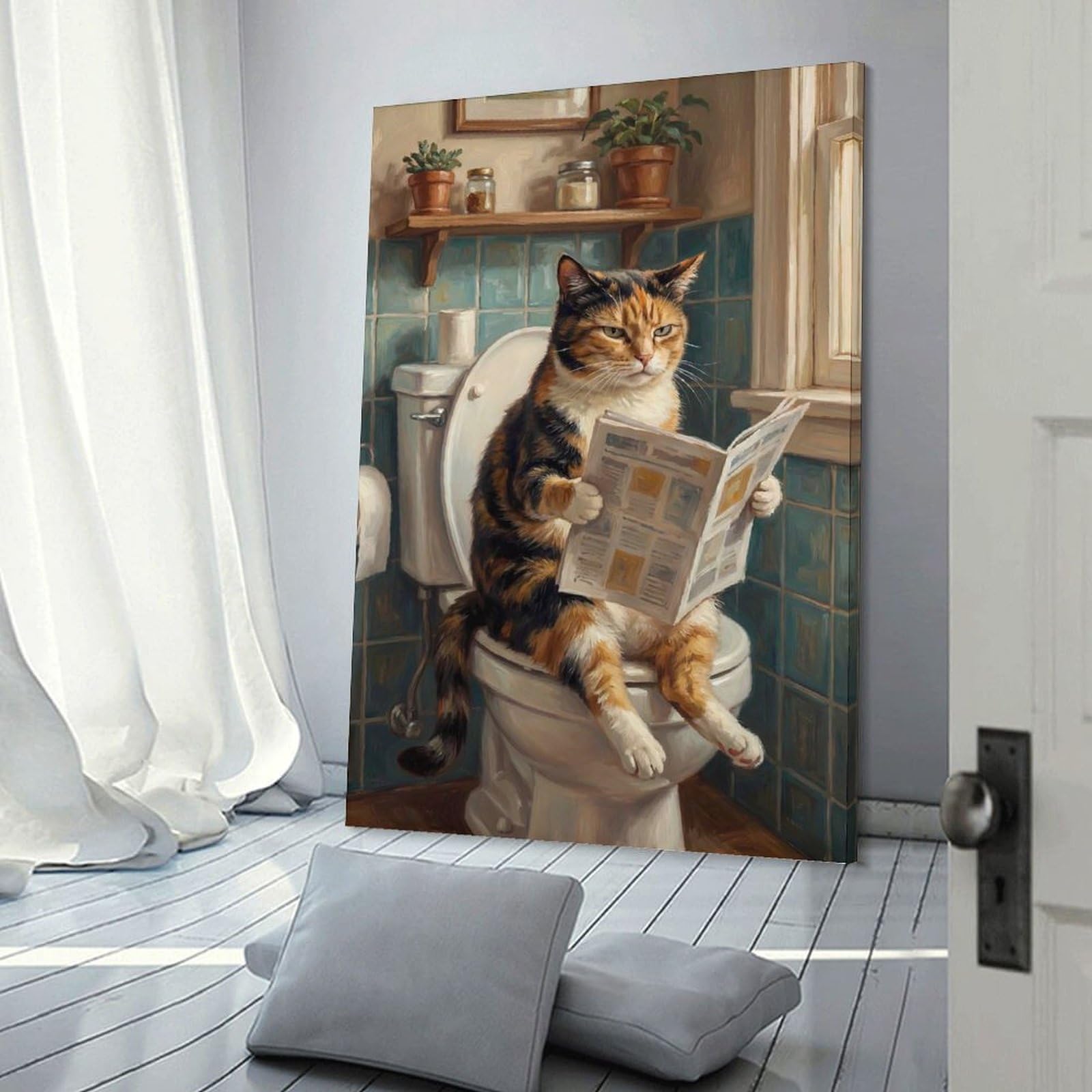 Junmoney Frame-Style-24 Calico Cat Reading Newspaper On Toilet Wall Picture Print, 12X18inch(30X45cm), For New Homes, Bedrooms Or Workspaces, Thoughtful Wall Decor For Art Lovers