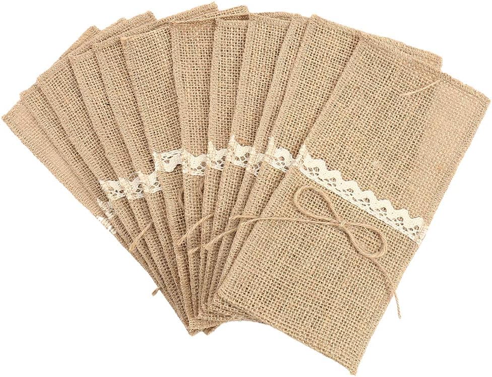 Topmodehome Burlap Cutlery Holders Lace Utensil Pouch Knifes Forks Bag for Vintage Natural Wedding (4x8inch, Rope Bow)