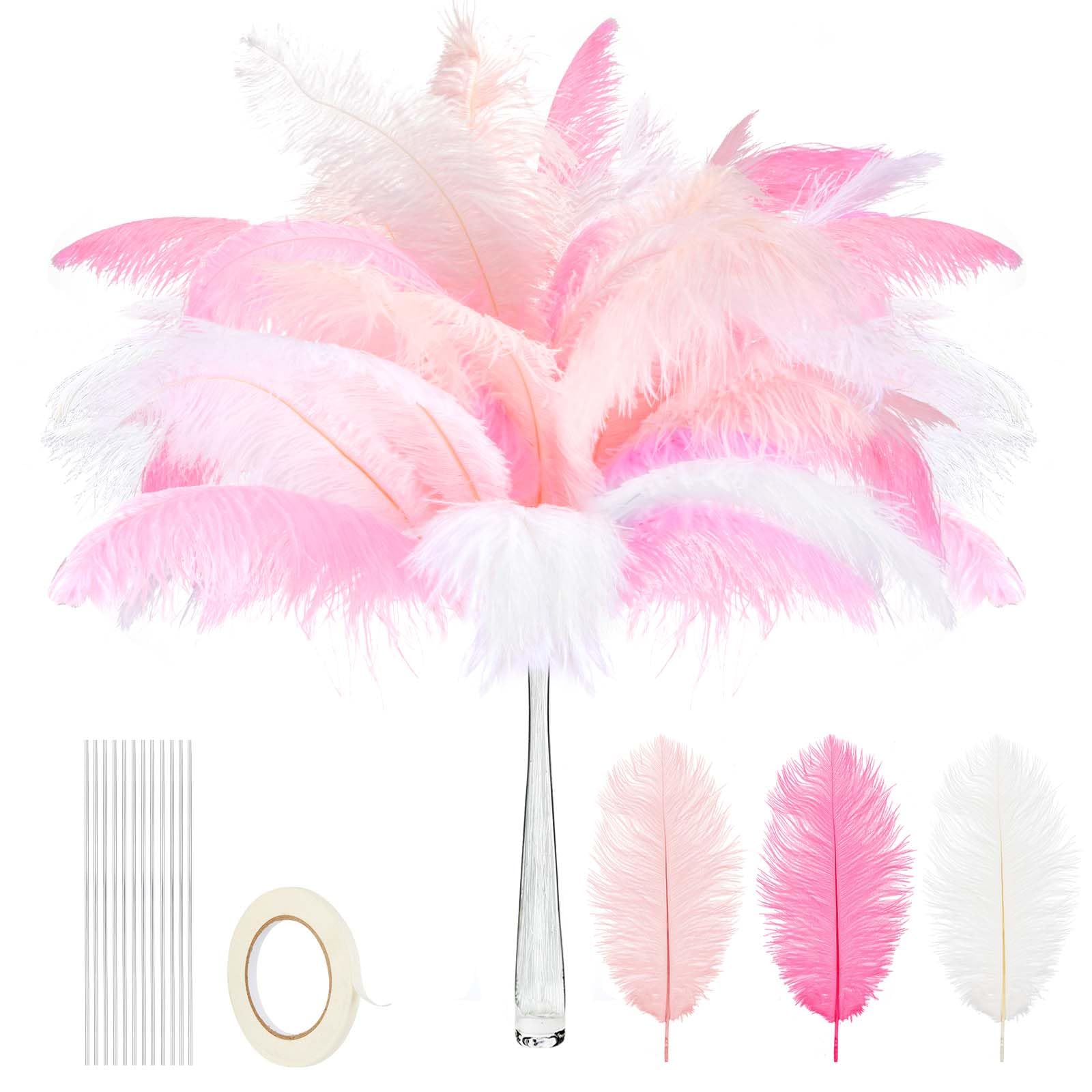 Juexica 80 Set Natural Ostrich Feathers Bulk with Iron Wire for Centerpieces Boho Large 10 to 12 Inch Feathers for Vase Wedding Party Floral Arrangement Home Decorations (Pink, Light Pink, White)