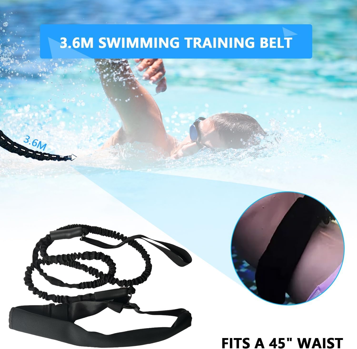 Corda Elastica Per Nuoto 2 Metri - Cintura Regolabile 70-115cm Per Allenamento In Piscina - Foto 7