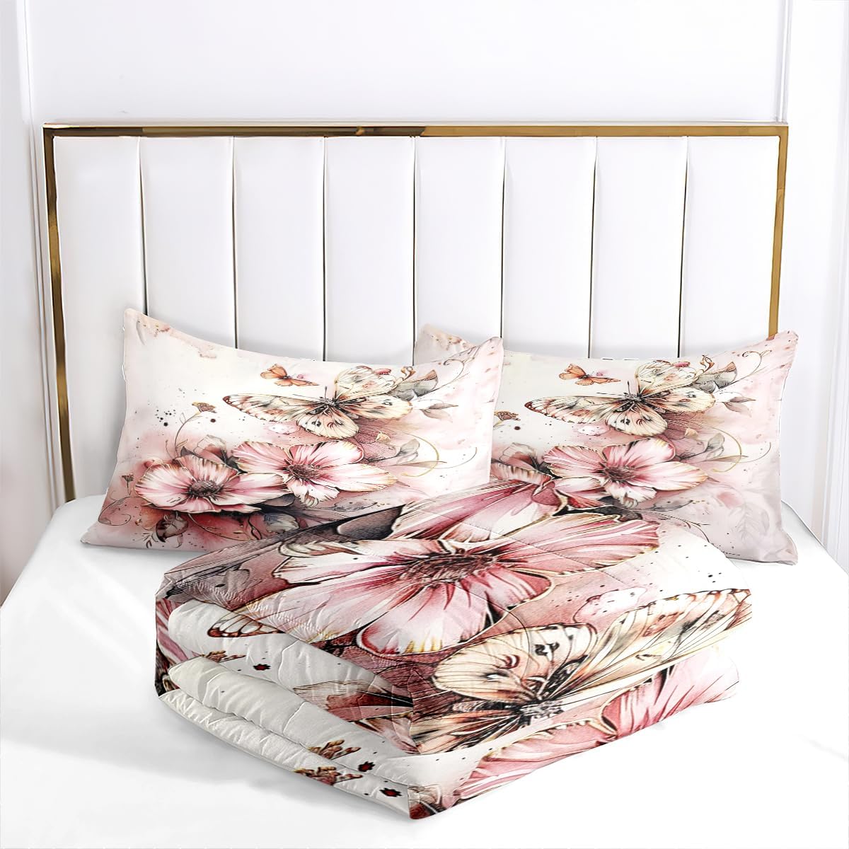 CCoutueChen Pink Butterfly Comforter Set Queen Size Butterfly Flowers Bedding Sets Botanical Floral Comforter Quilt Aesthetic Animal Bed Set 3Pcs Soft Fluffy Comforter for Girls Women Adult Room