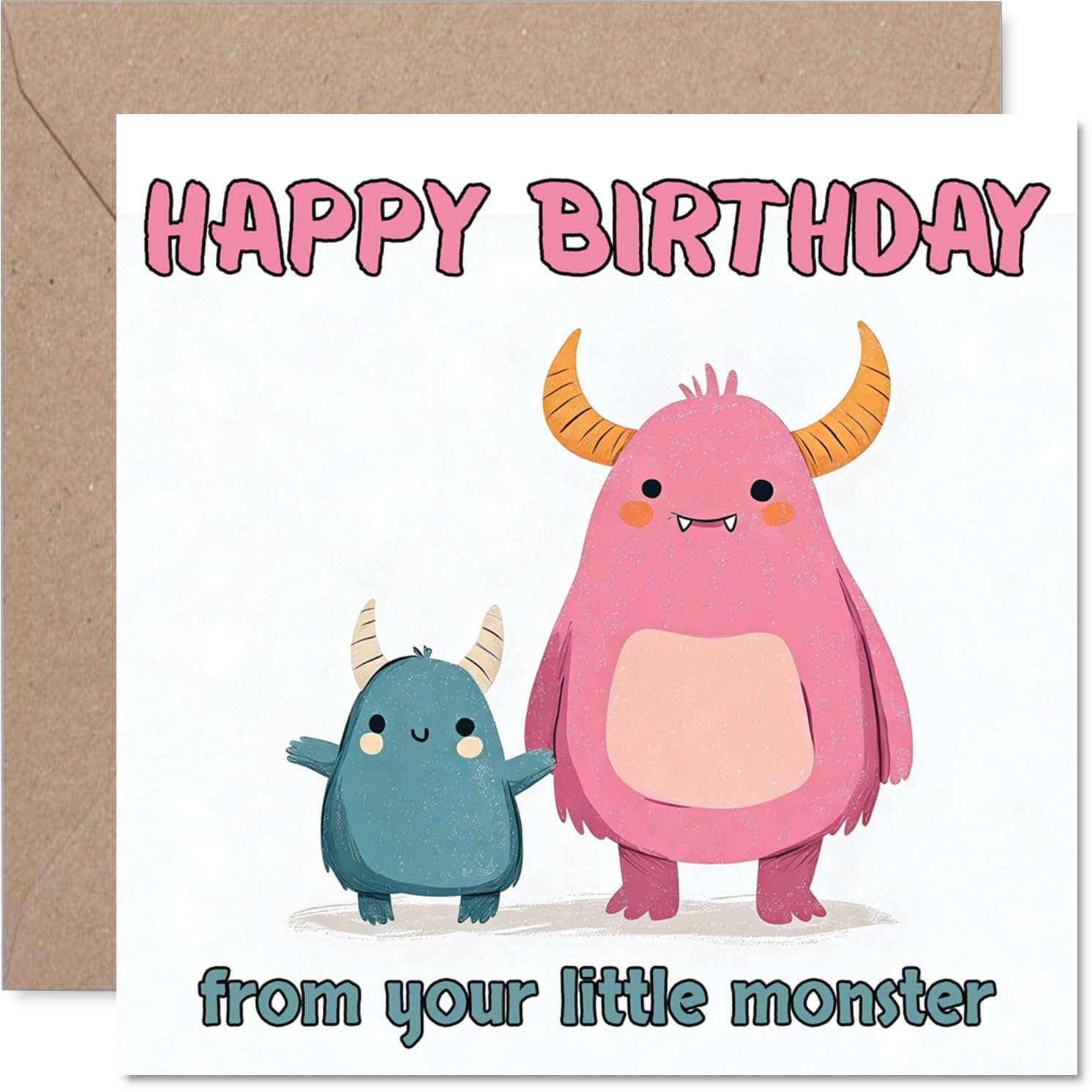 Playful Birthday Card - Big Birthday Wishes from Your Little Monster - Cute Pink and Blue Cartoon Creatures Bring a Cheeky Vibe - 145mm Square, Envelope Included
