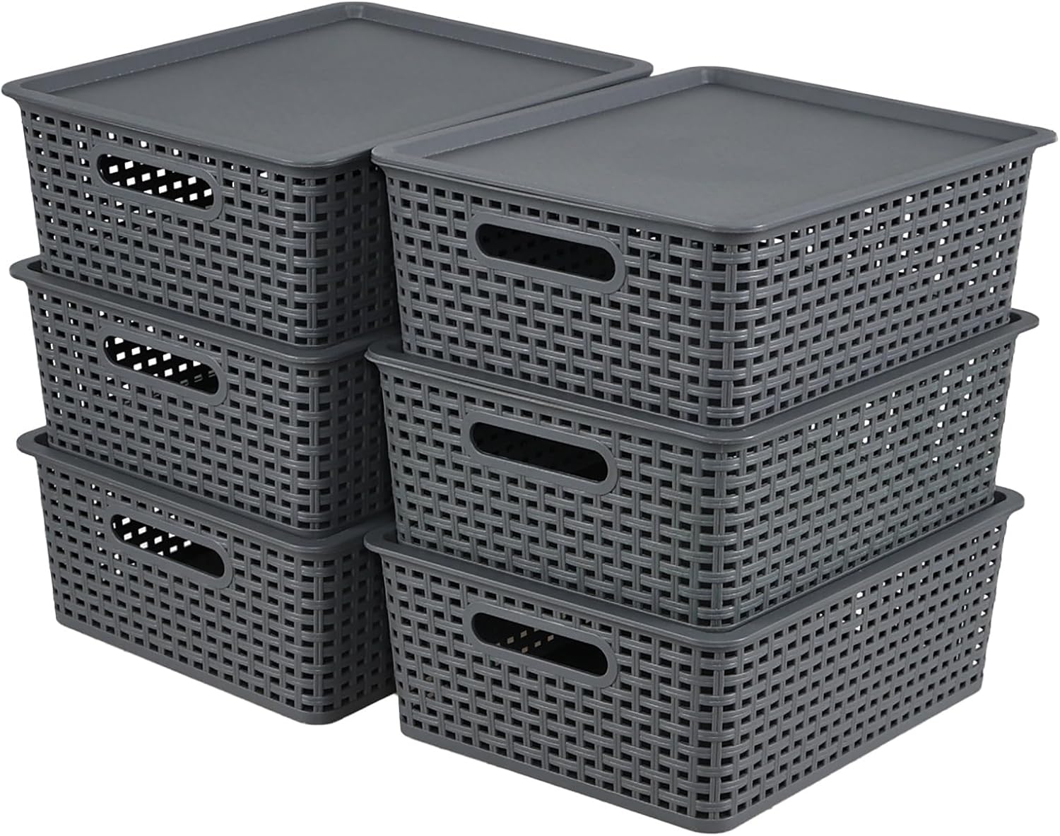 6 Pack Plastic Basket with Lid, Grey Stackable Baskets for Organizing, 14" X 11.7" X 5.35"