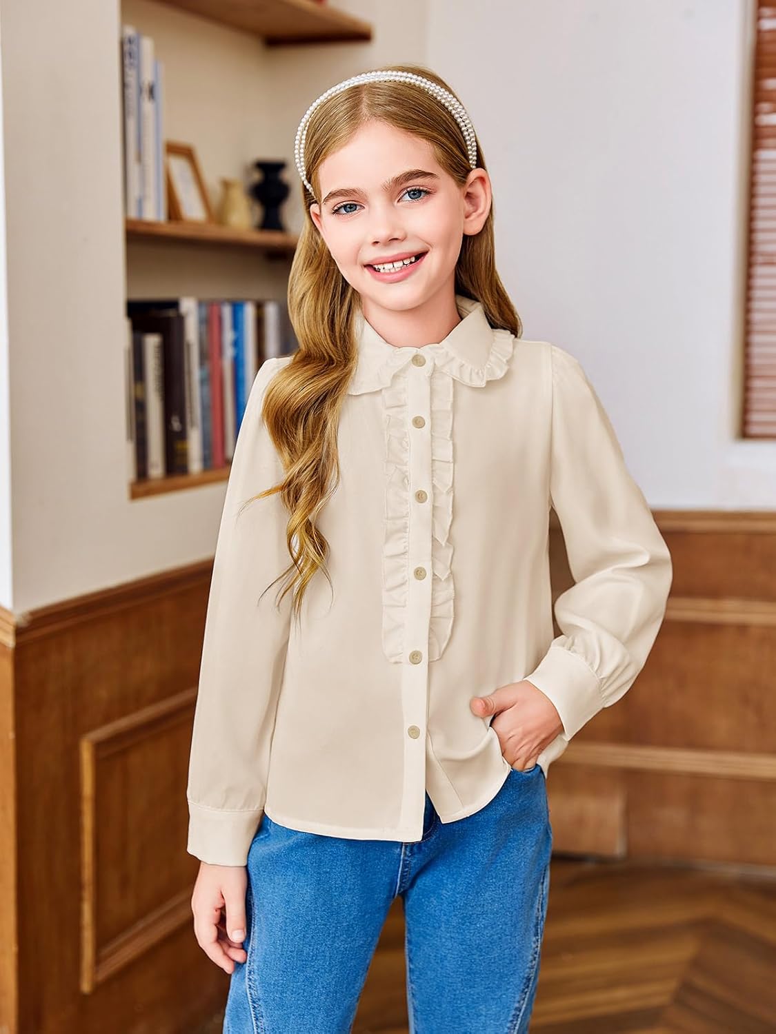 Haloumoning Girls Puff Long Sleeve Shirts Cute Casual Peter Pan Collar Blouse Ruffle Button Down Chiffon Tops 7-14 Years - Image 4