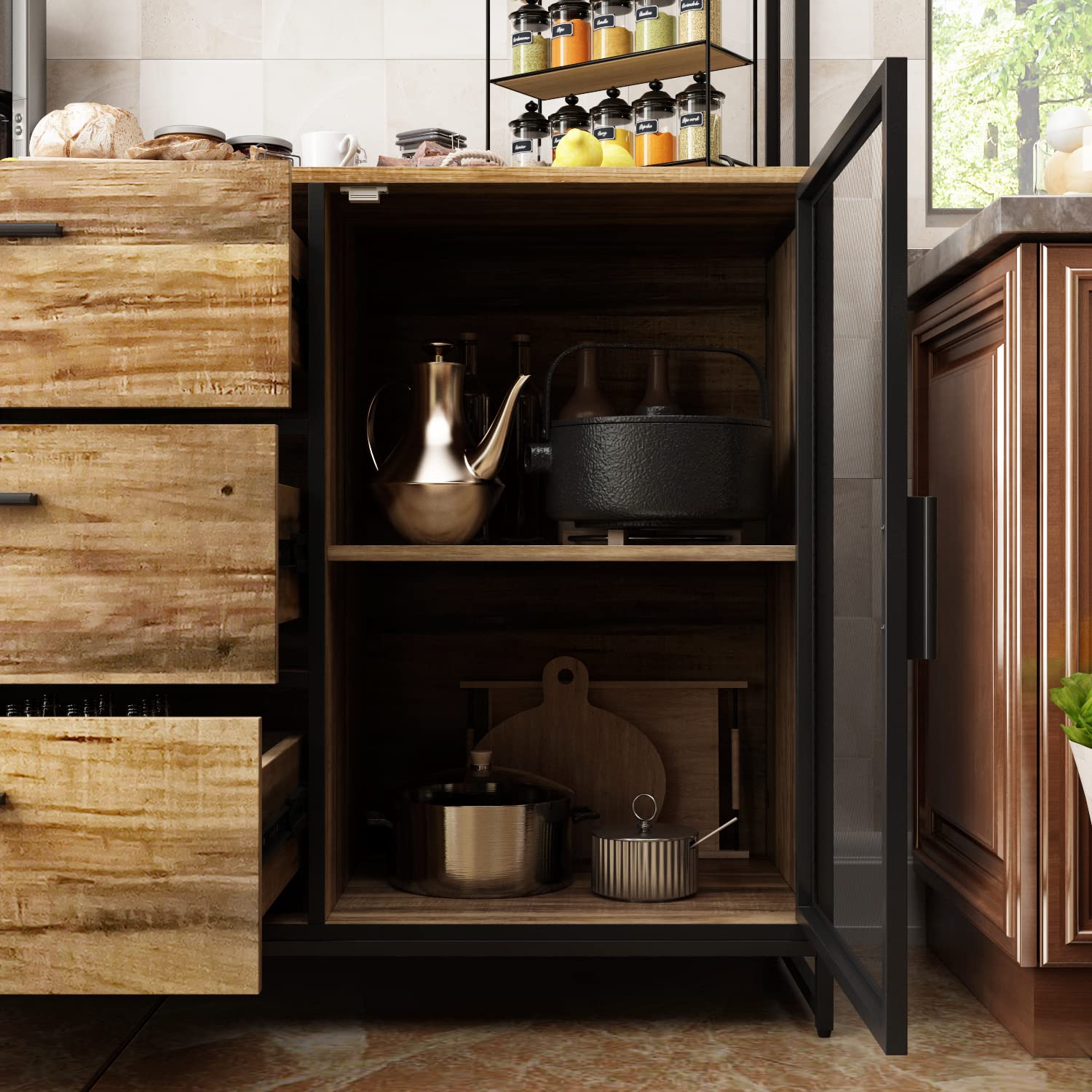 Buffet de Cuisine Industriel 100cm – Armoire Haute 175cm avec 3 Tiroirs, Porte Vitrée & Étagères Ouvertes – Meuble Métal-Bois pour Cuisine & Salle à Manger, 100×175×40cm