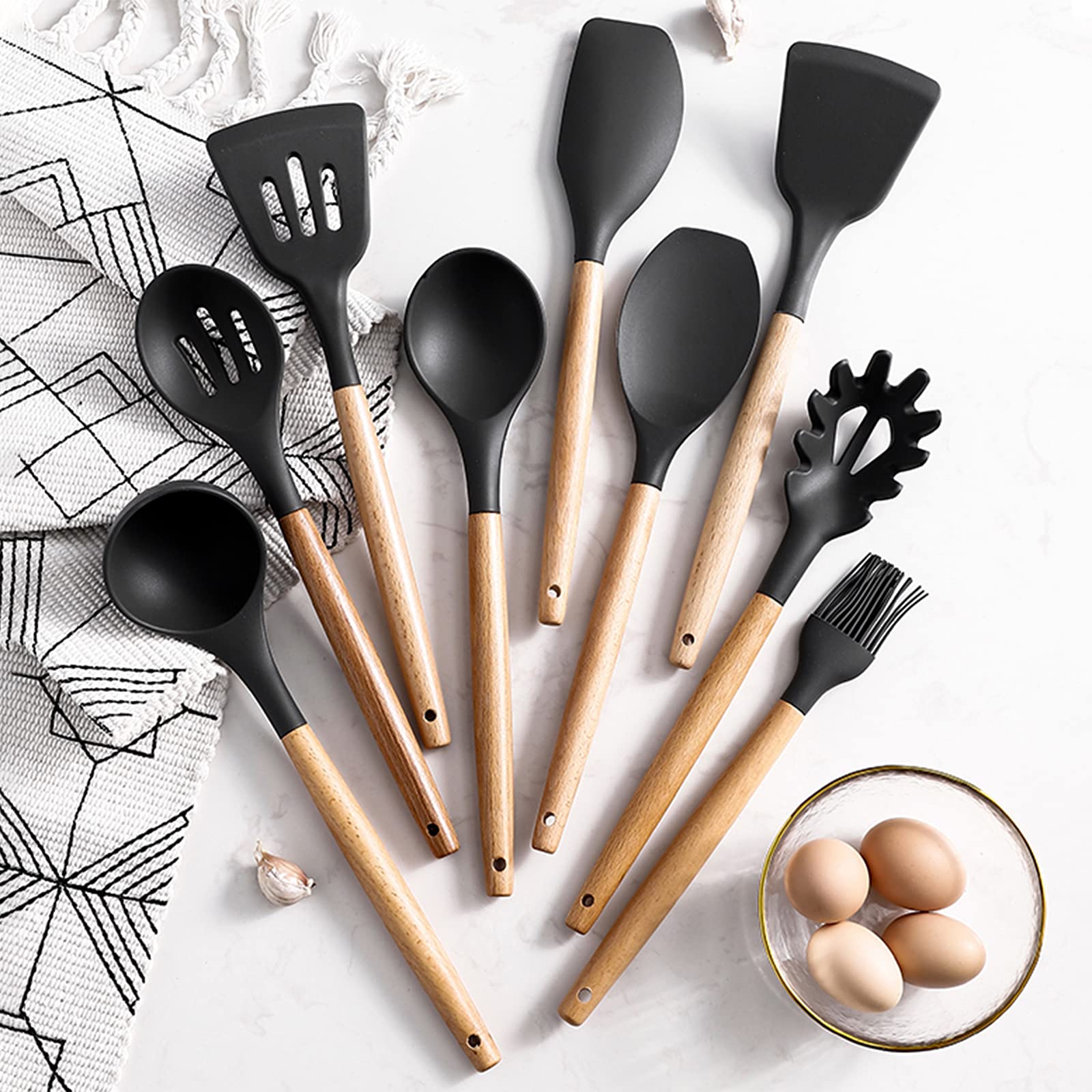 Utensili da cucina in silicone per legno, 12 pezzi, accessori da cucina, set senza BPA, antiaderenti, antigraffio e resistenti al calore, strumento da cucina antiaderente per mestolo, spatola,