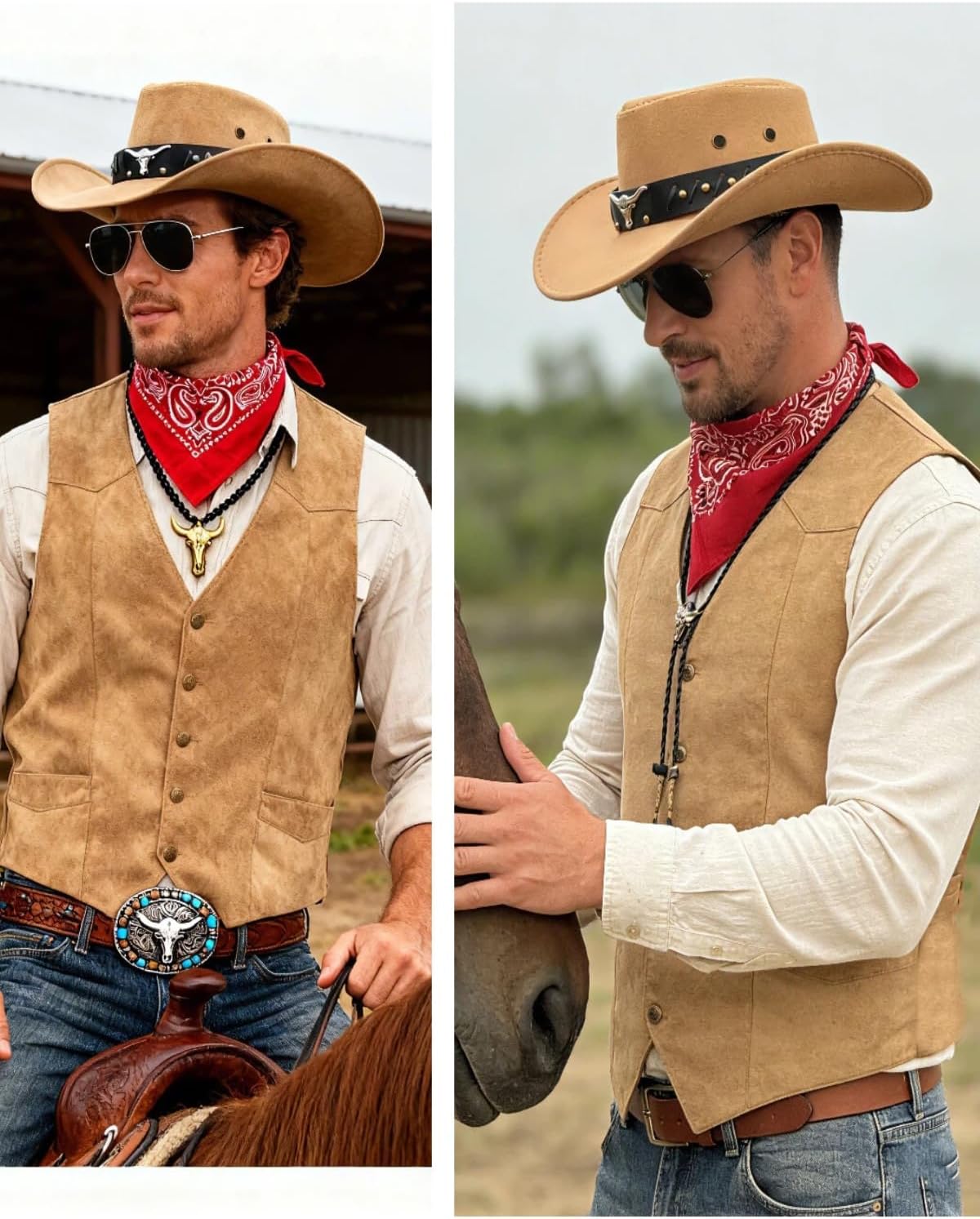 7pcs Cowboy Costume Outfit for Men Western Cowboy Clothes Vest Accessories for Cowboy Party - Image 4