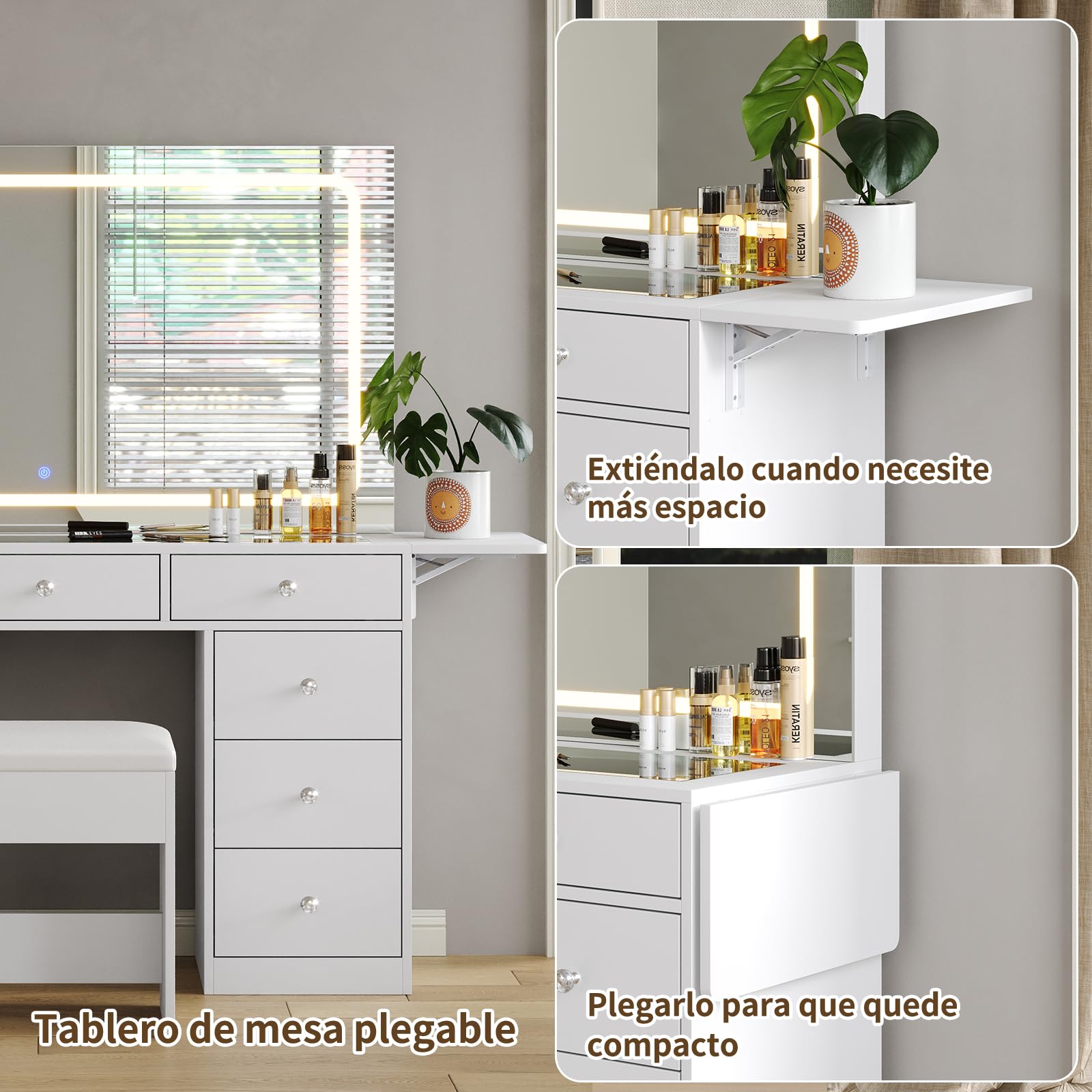 Yanosaku Tocador de Maquillaje con Espejo LED y Taburete, 9 Cajones, Mesa de Cristal y Tomas de Corriente, 3 Modos de Luz Regulables, Panel Plegable, Tocador Moderno Blanco para Dormitorio