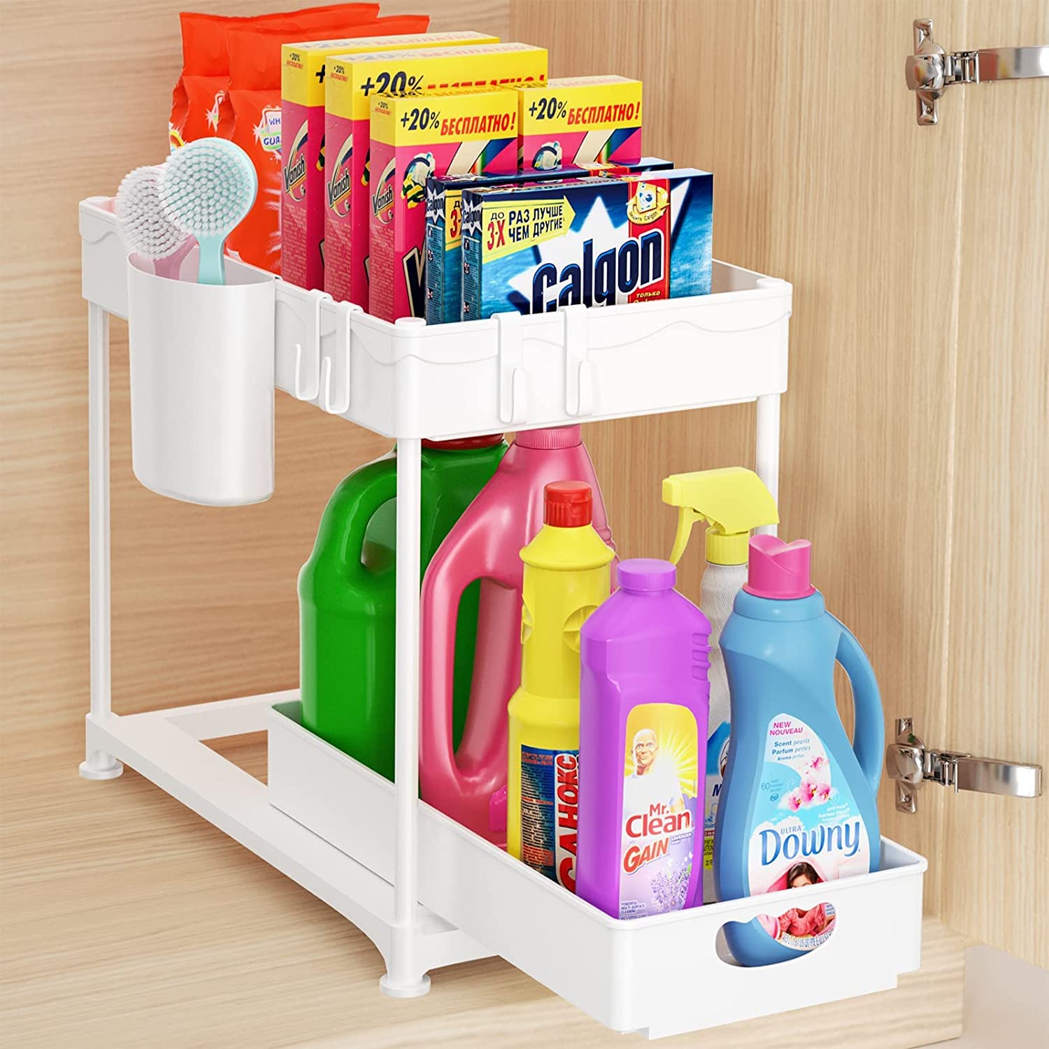 wolpin Under Sink Rectangle Organizer Storage Rack,2-Tier Plastic Holder With Hooks & Cup Holder For Kitchen Multi-Purpose Under Bathroom Cabinet Storage & Kitchen Organizer Baskets(40 X 21 X 39 Cm) 3