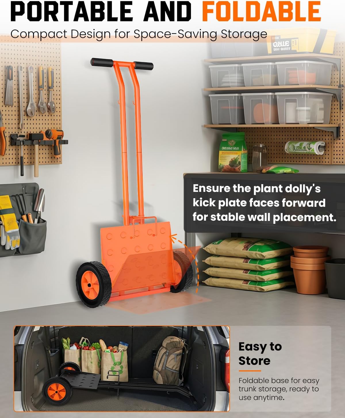 Plant Caddy with Wheels, USA Original Patent, 176 lbs Plant Dolly Cart, Foldable Plant Mover Cart with Adjustable Grabbing Arm and Strap for Large Plant Pots, Indoor & Outdoor Use, Orange
