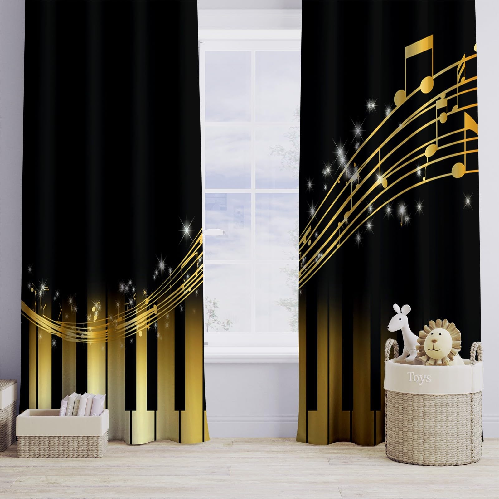 CozyRest Tende Oscuranti 2 Pannelli con Anelli Occhielli Tenda Tasti del pianoforte cultura musicale, Termiche Oscuranti Isolanti per Camera da Letto Soggiorno Privacy Nero 234 x 229 cm