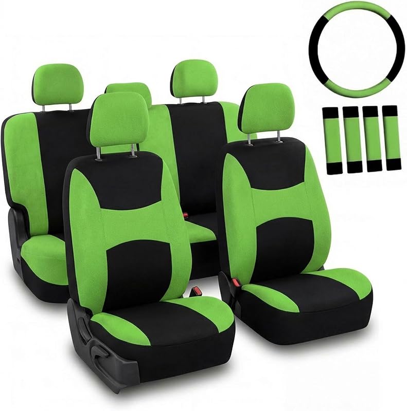 El juego combinado de fundas de asiento universales verdes con cubierta de volante y almohadilla de cinturón de seguridad se adapta a la mayoría de los automóviles, SUV y camiones (airbag compatible y banco dividido) FH Group FB030GREEN-COMBO