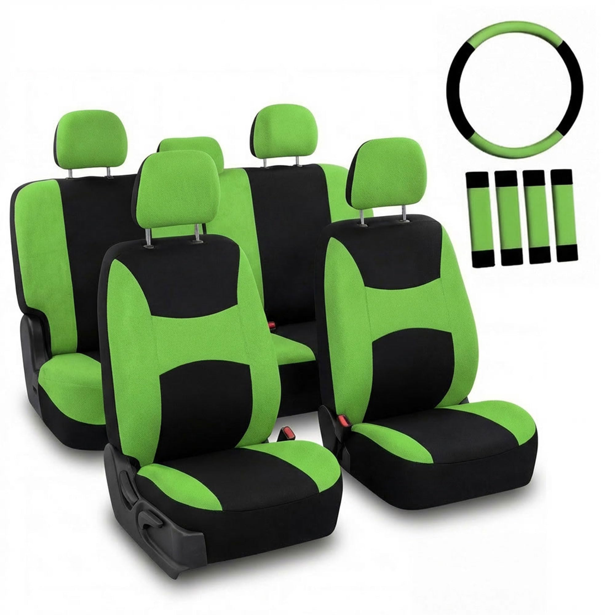 FH GROUP Automotive Seat Covers Green Universal Fit Combo Set with Steering Wheel Cover and Seat Belt Pad fits most Cars, SUVs, and Trucks (Airbag Compatible and Split Bench) FB030GREEN-COMBO